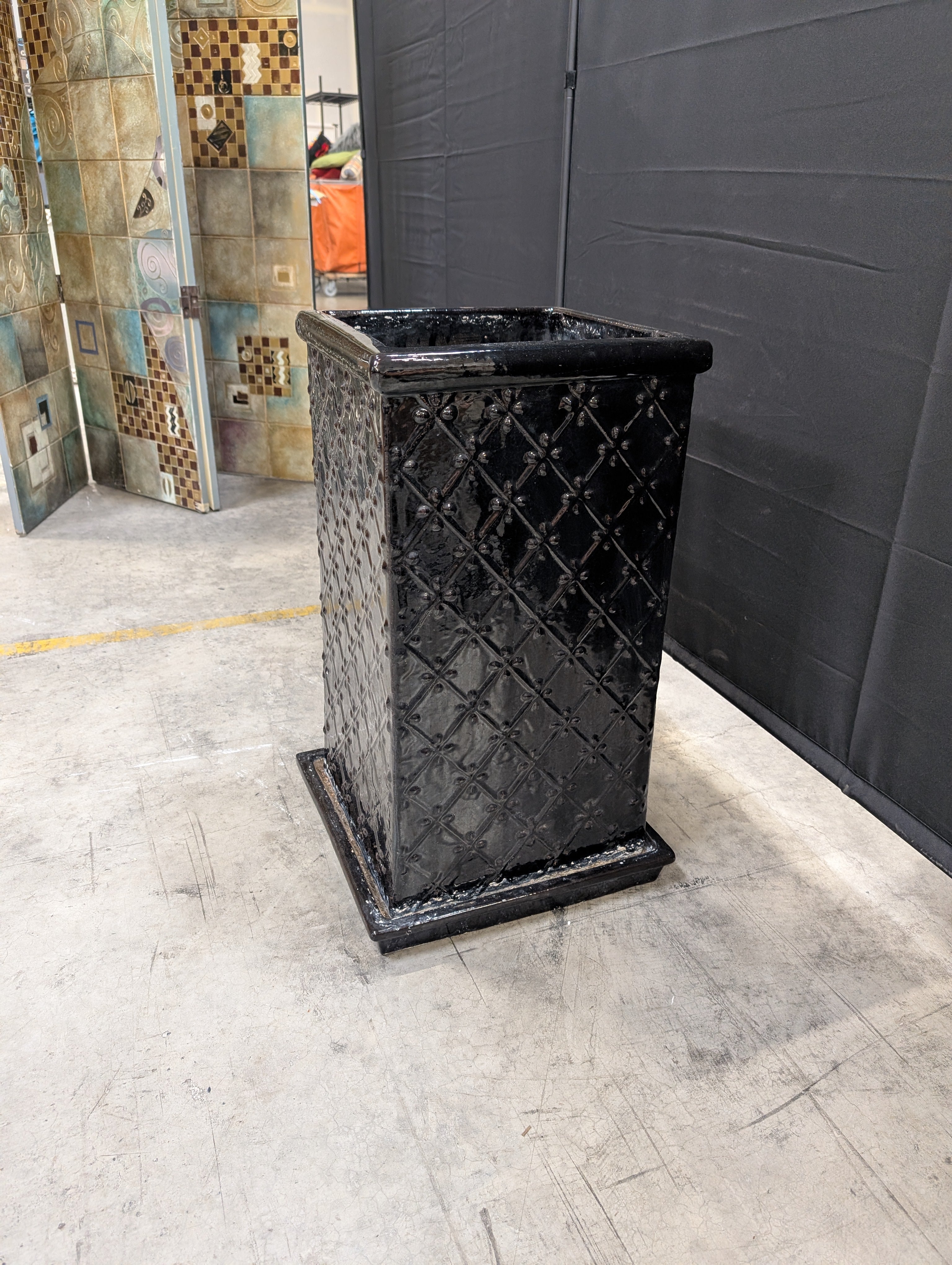 Tall Black Glazed Ceramic Planter with Diamond Pattern