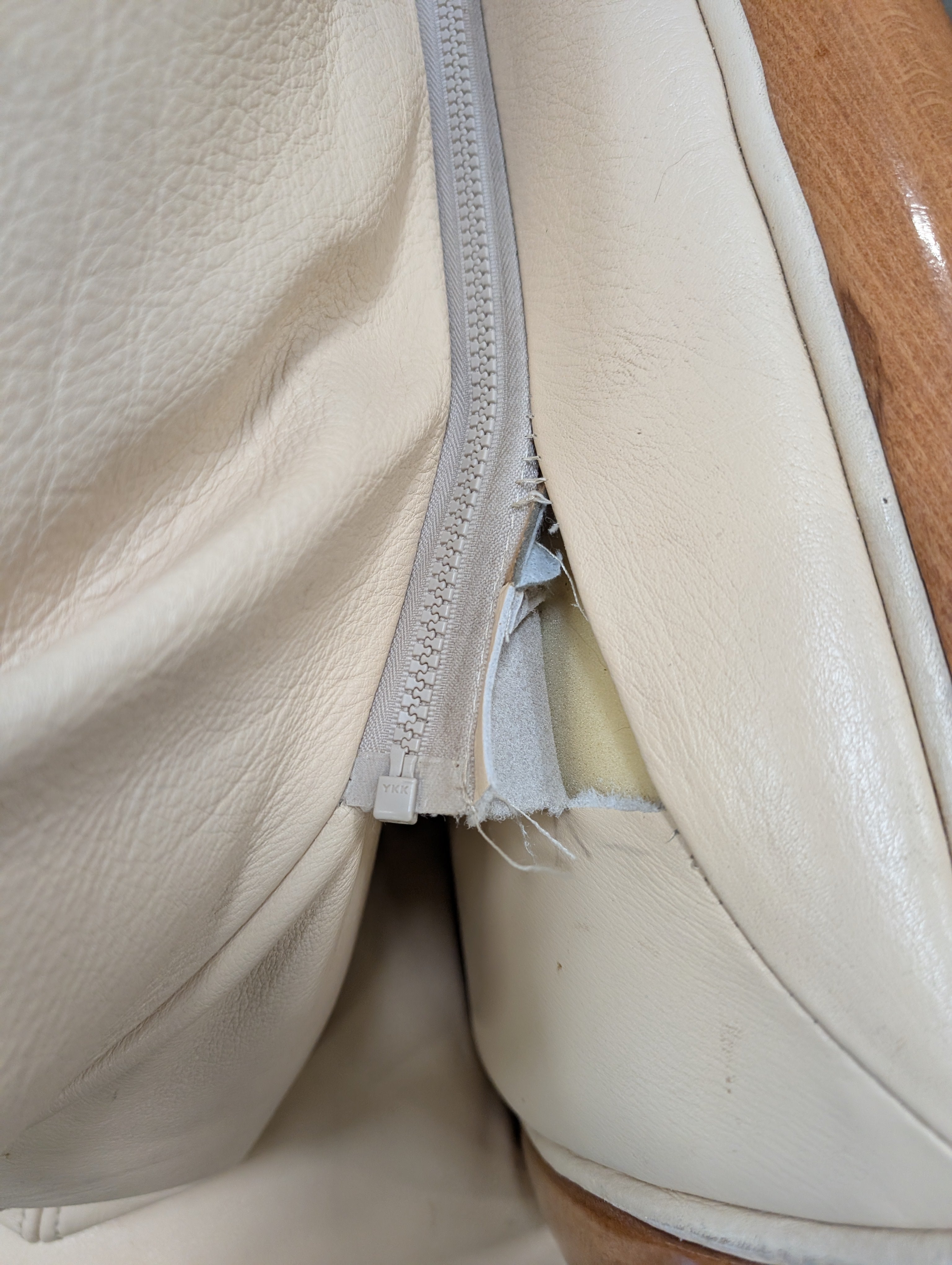 Beige leather Chair with Exposed Wood Frame