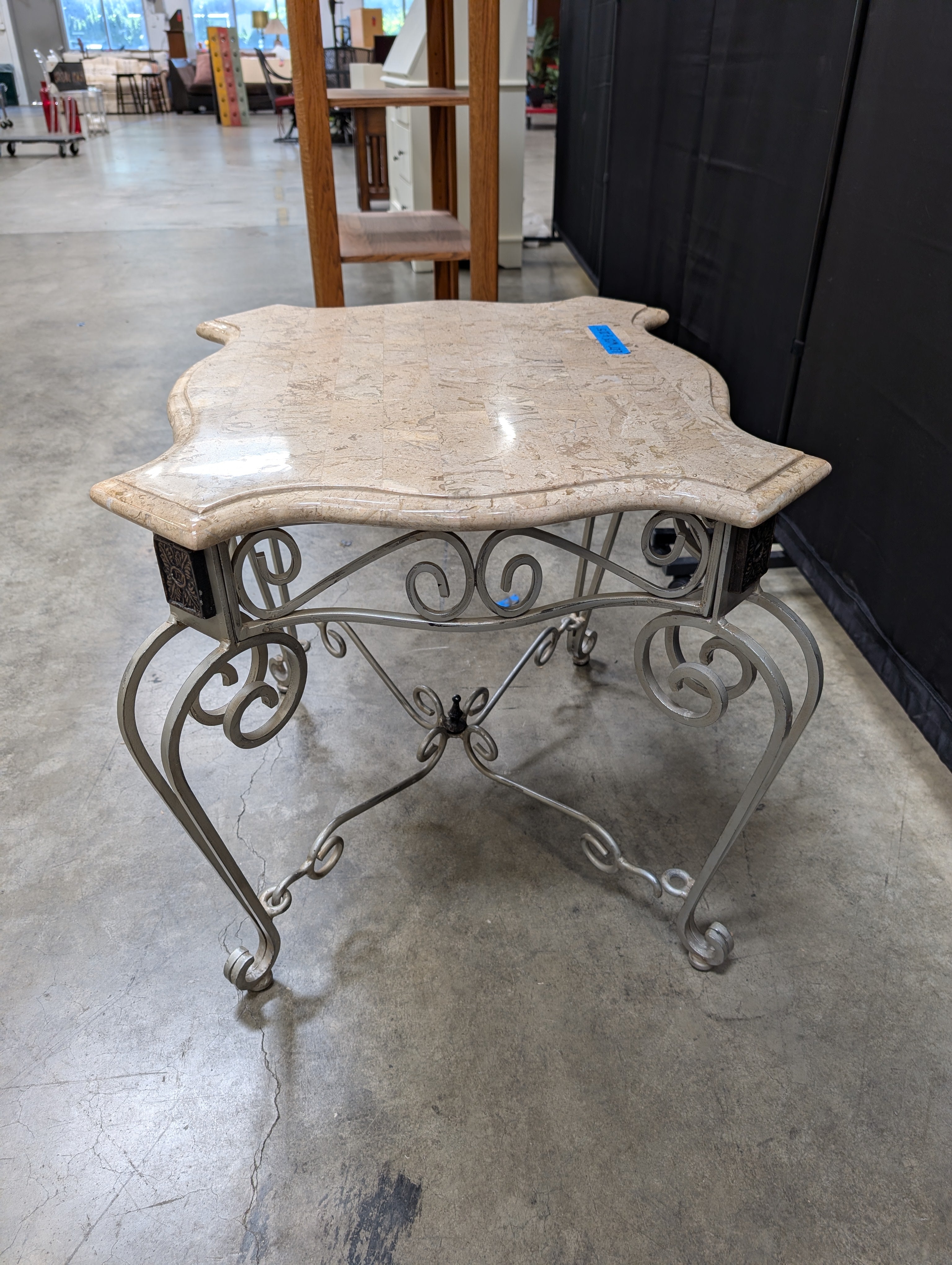 Ornate Metal End Table with Stone Top