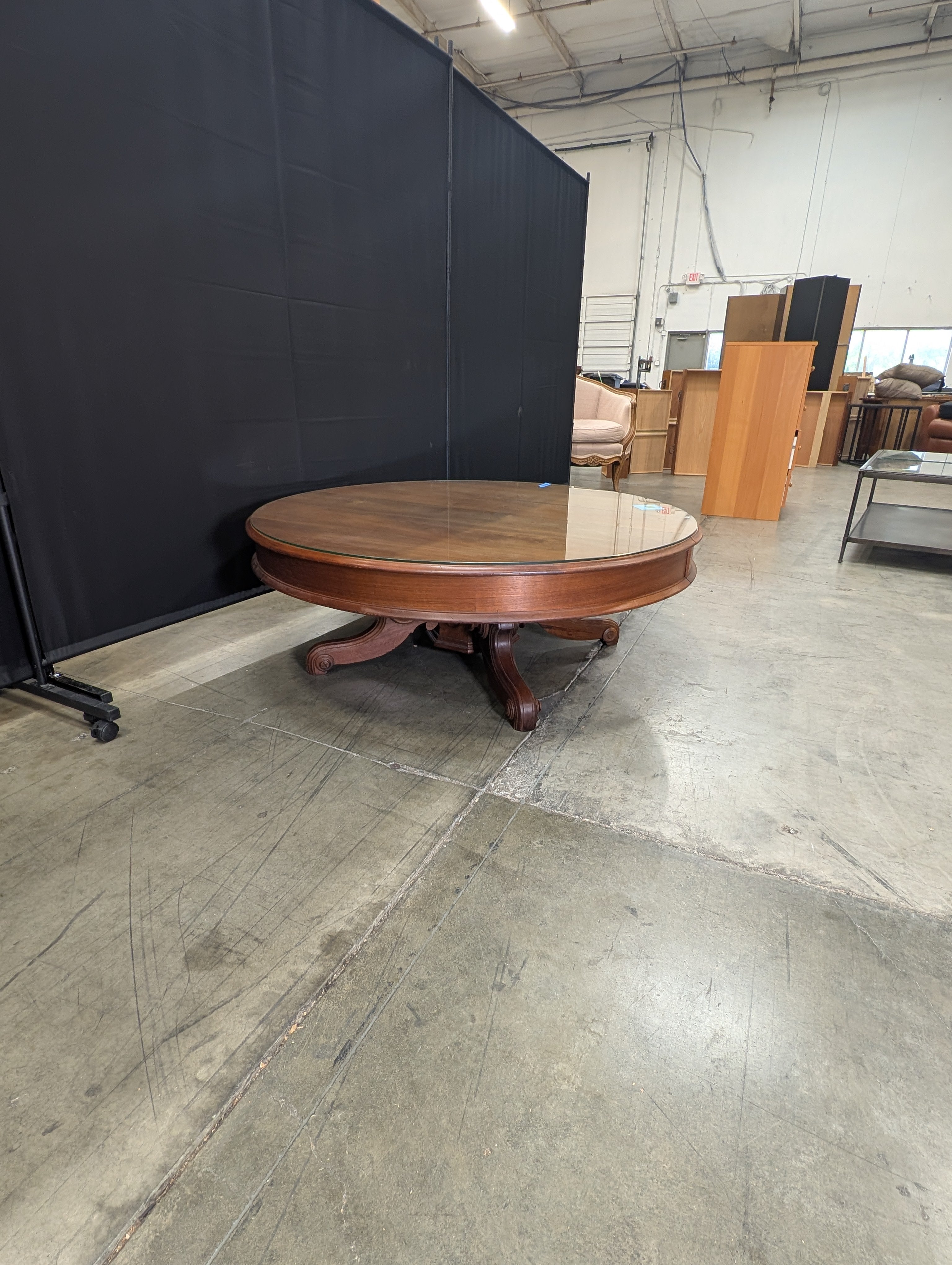 Modern Circular Wood Coffee Table with Protective Glass Surface