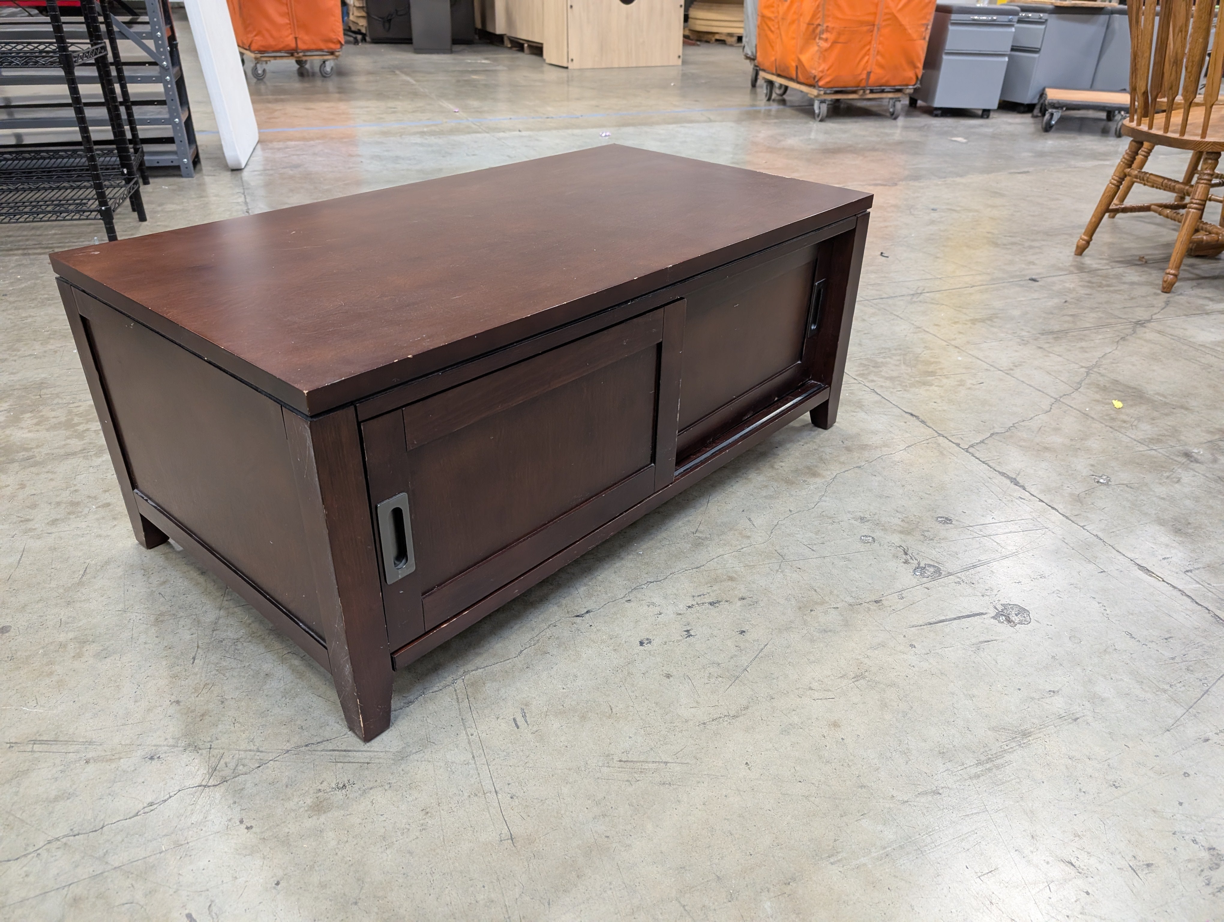 Contemporary Dark Wood Media Console with Sliding Doors