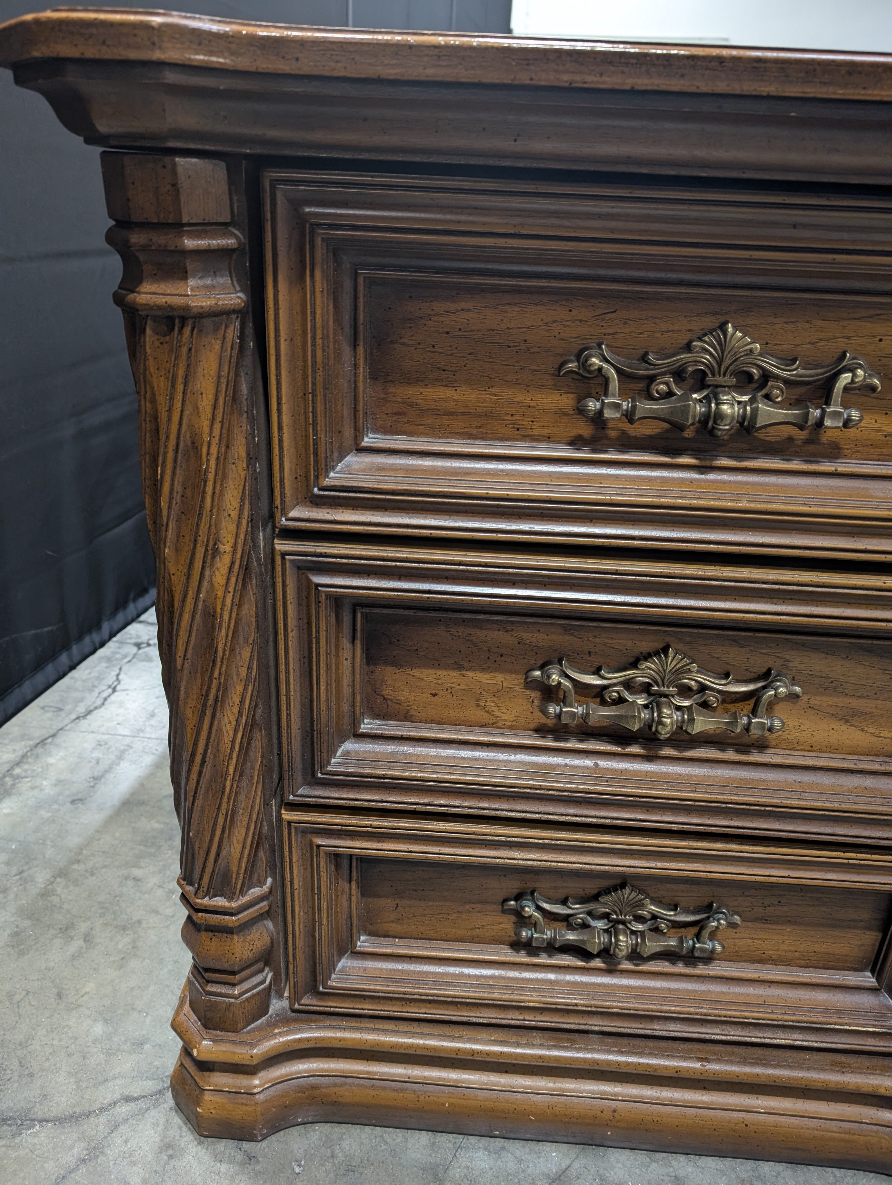 Ornate Traditional Dark Wood Dresser with Nine Drawers and Two Carved Mirrors