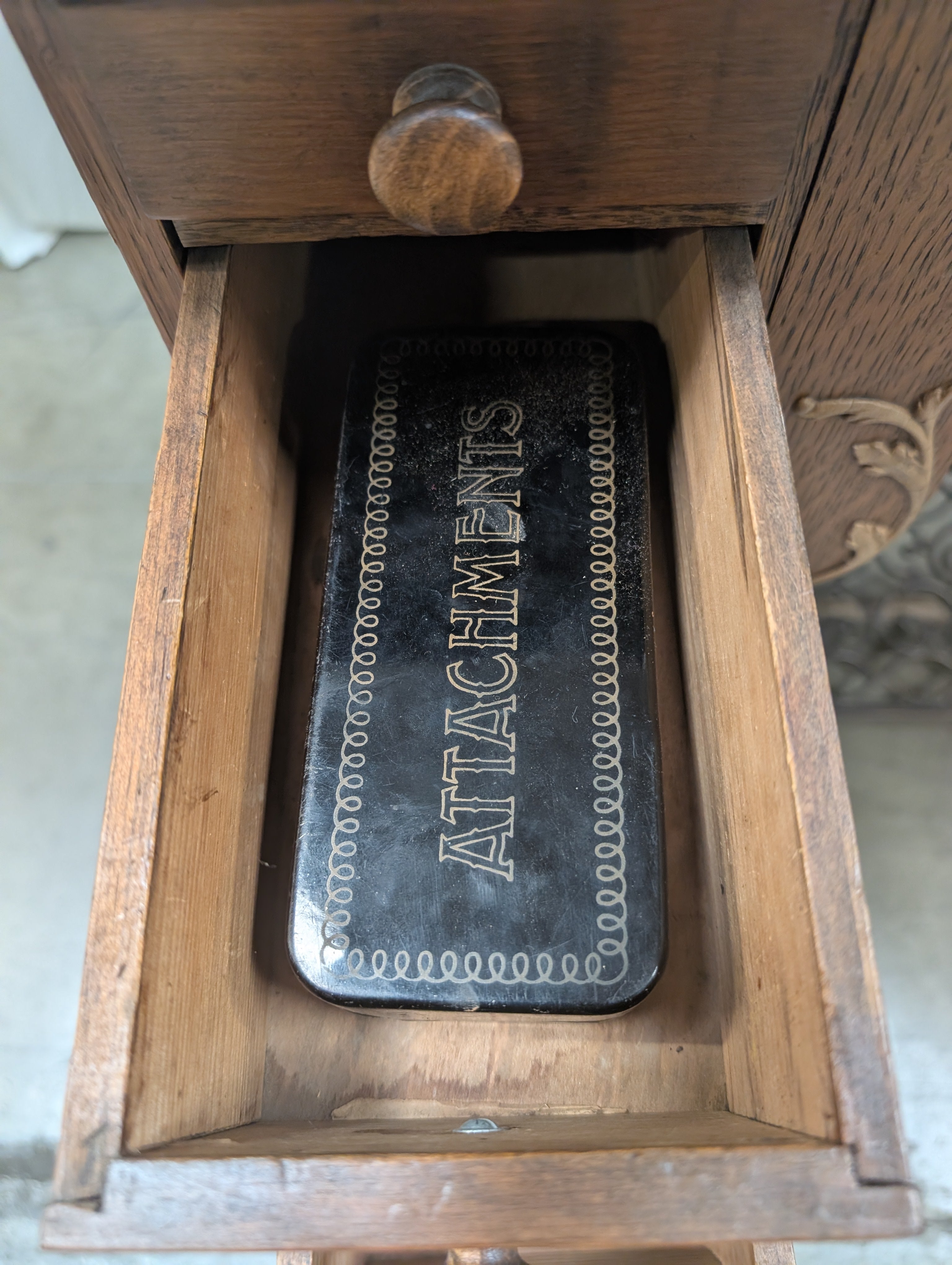 Oak Wood Antique Sewing Machine Cabinet with Ornate Details