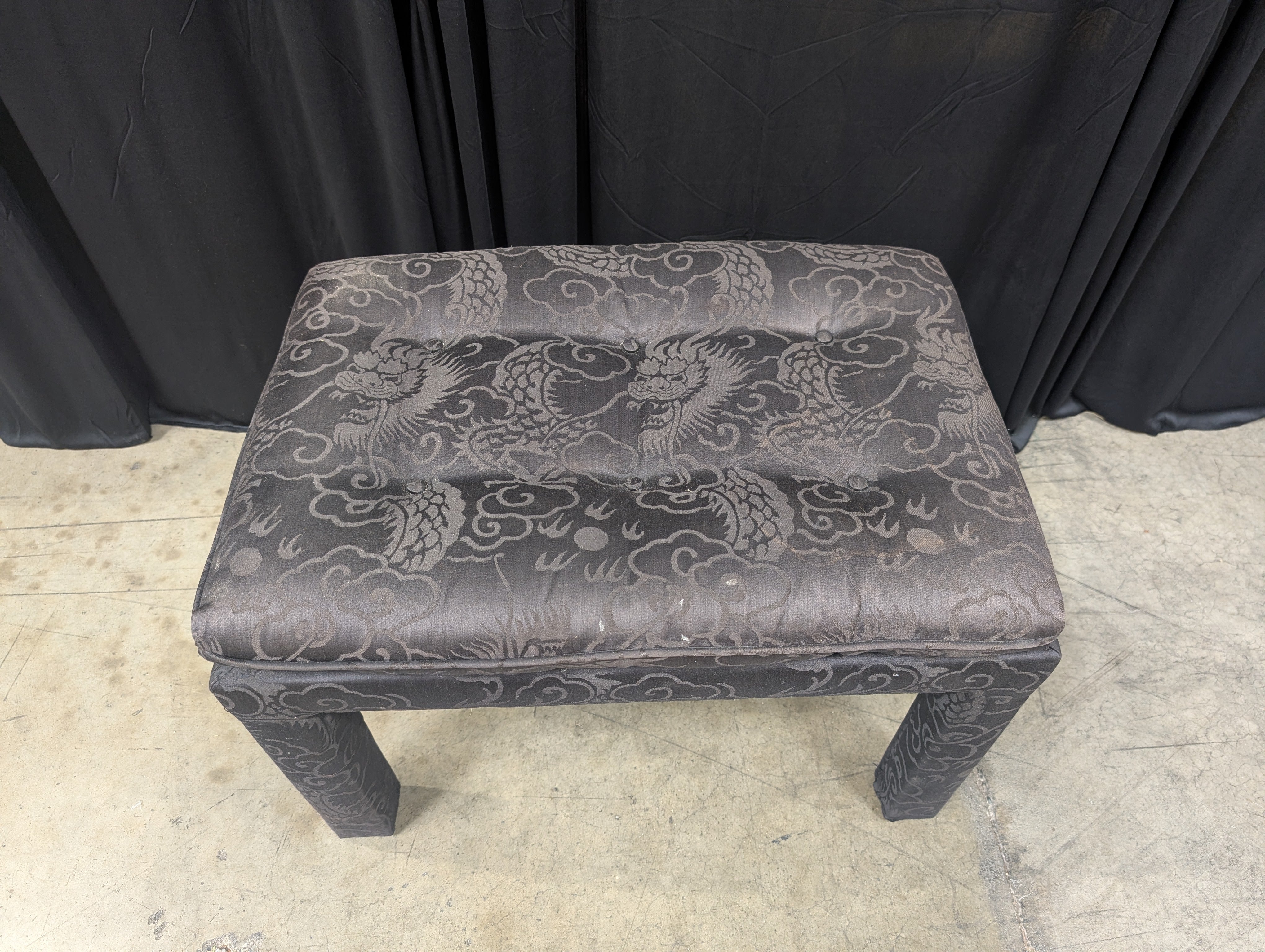 Patterned Dark Brown Fabric Ottoman with Tufted Cushion