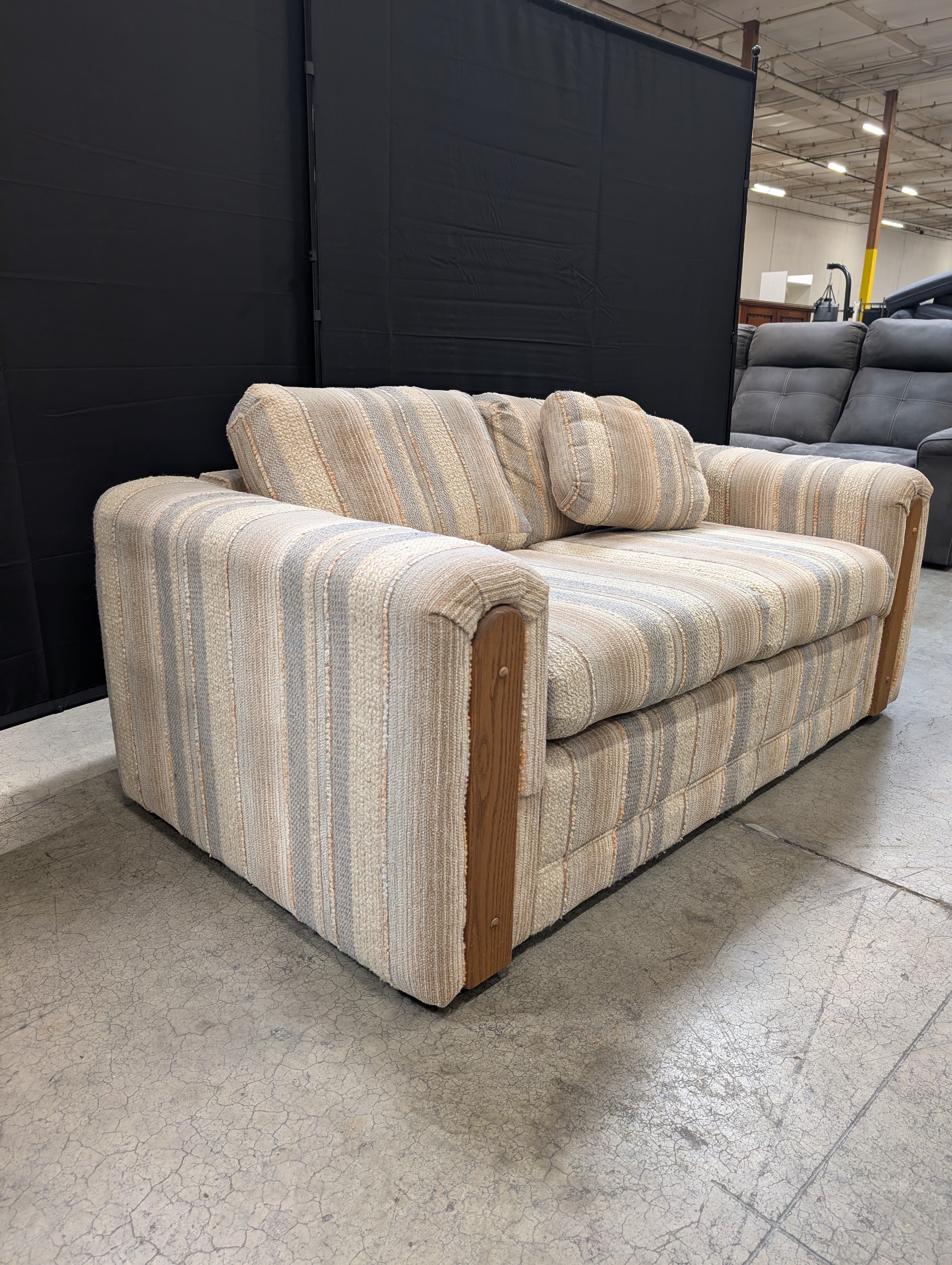 Neutral Stripe Upholstered Loveseat with Wood Arm Accents