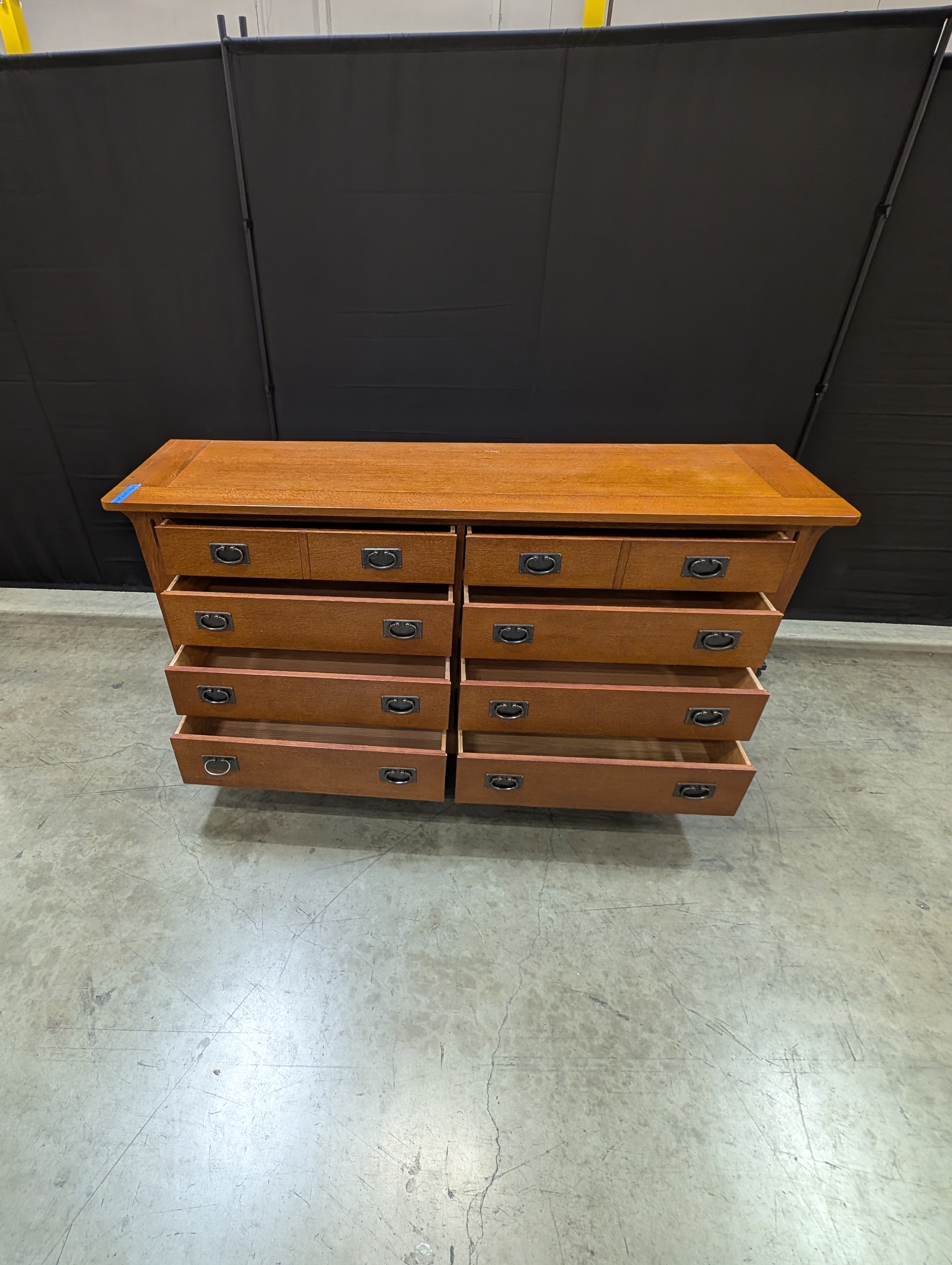 Mission Style Oak Finish Ten-Drawer Dresser with Ring Pulls
