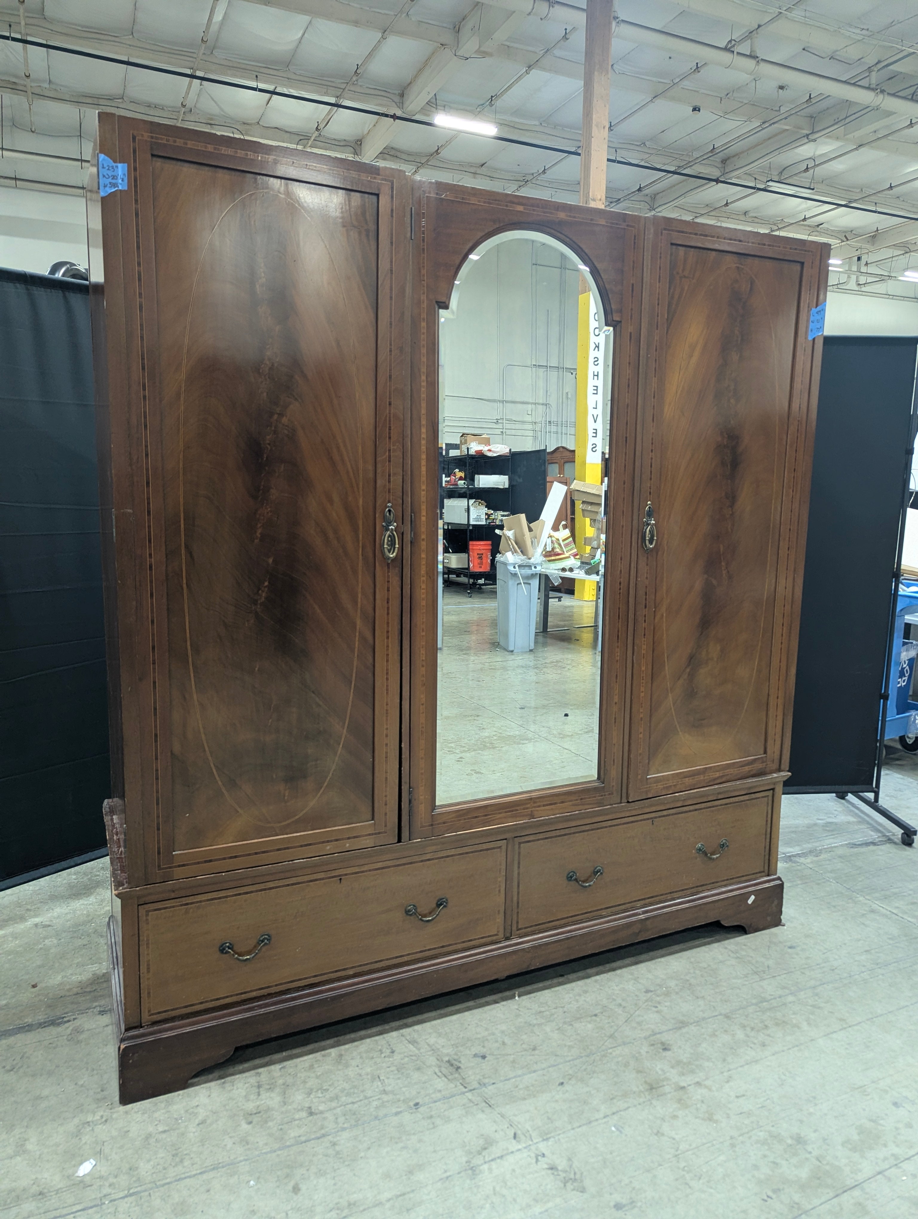 Vintage Three-Door Mirrored Wardrobe with Inlay Details