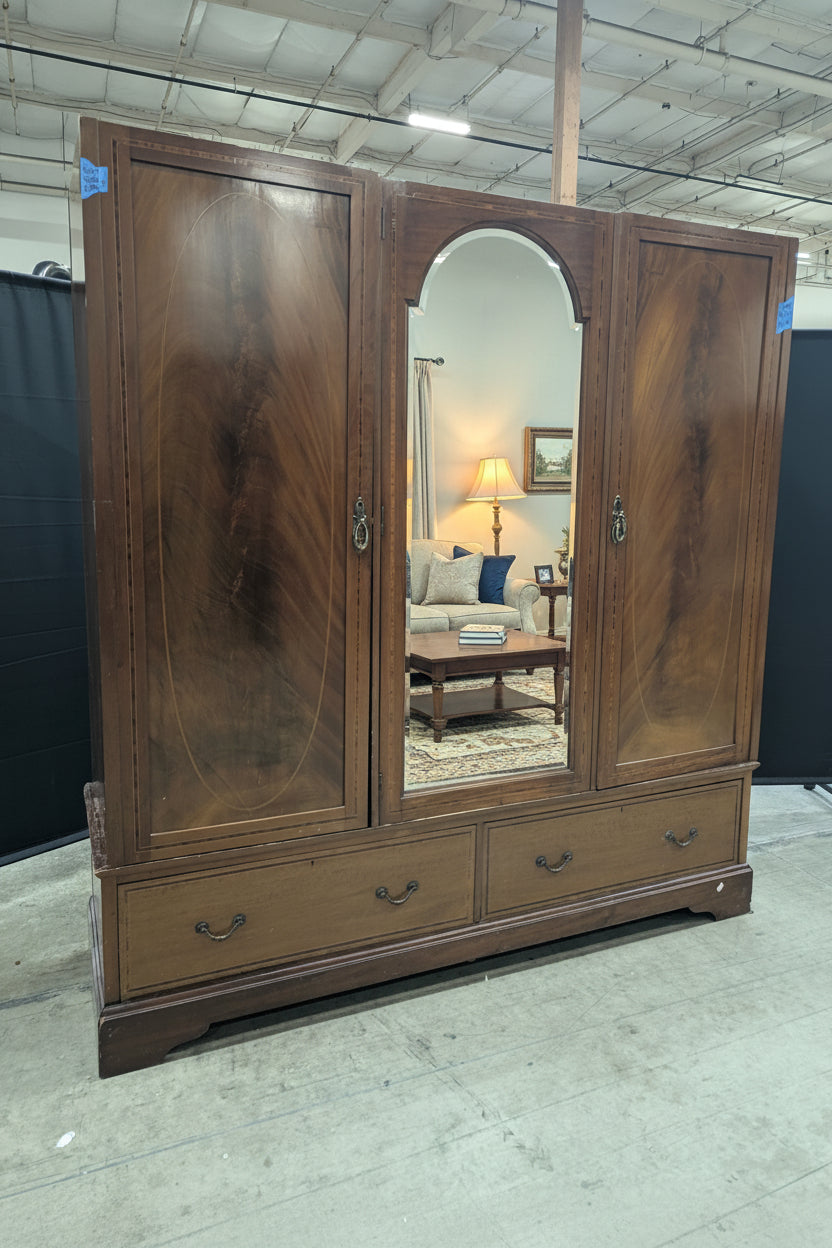 Vintage Three-Door Mirrored Wardrobe with Inlay Details