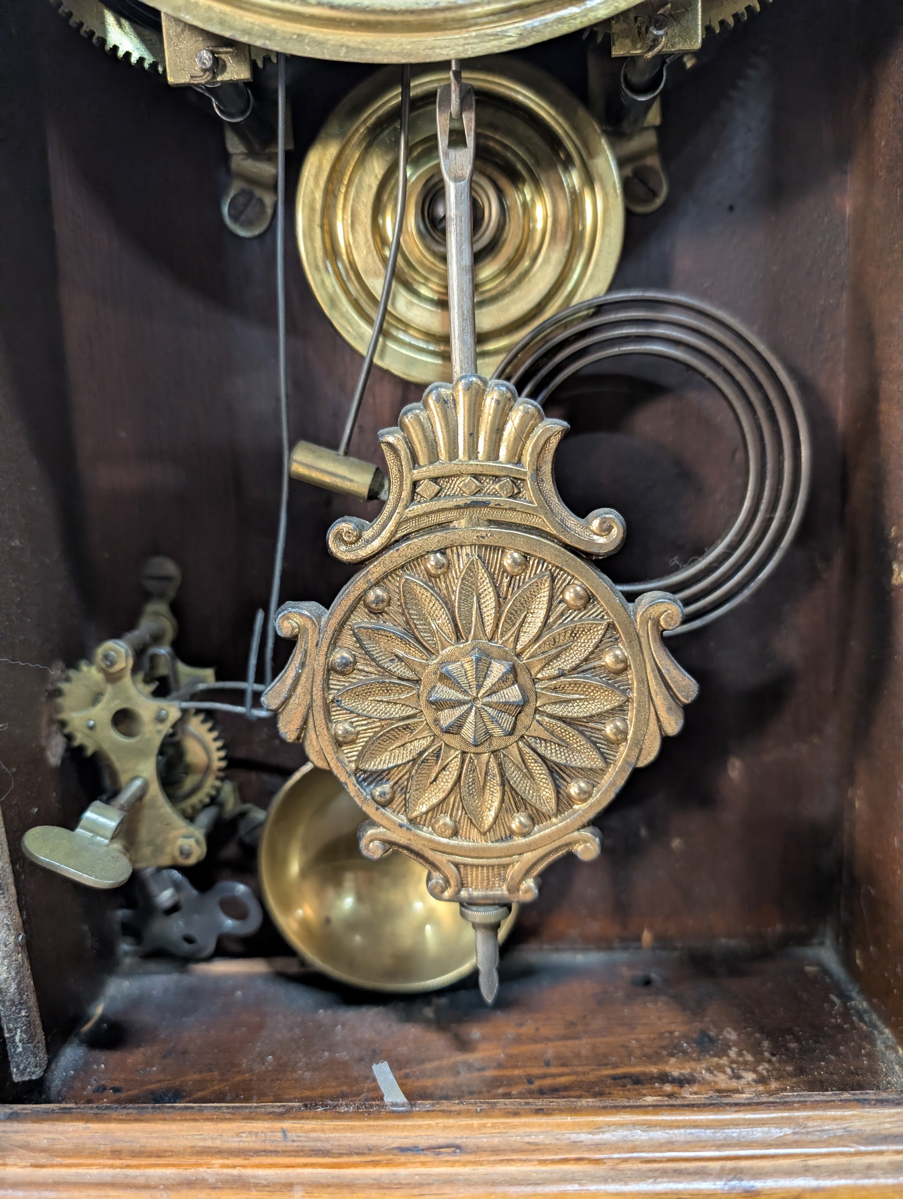 Vintage Carved Wood Mantel Clock with Pendulum and Thermometer