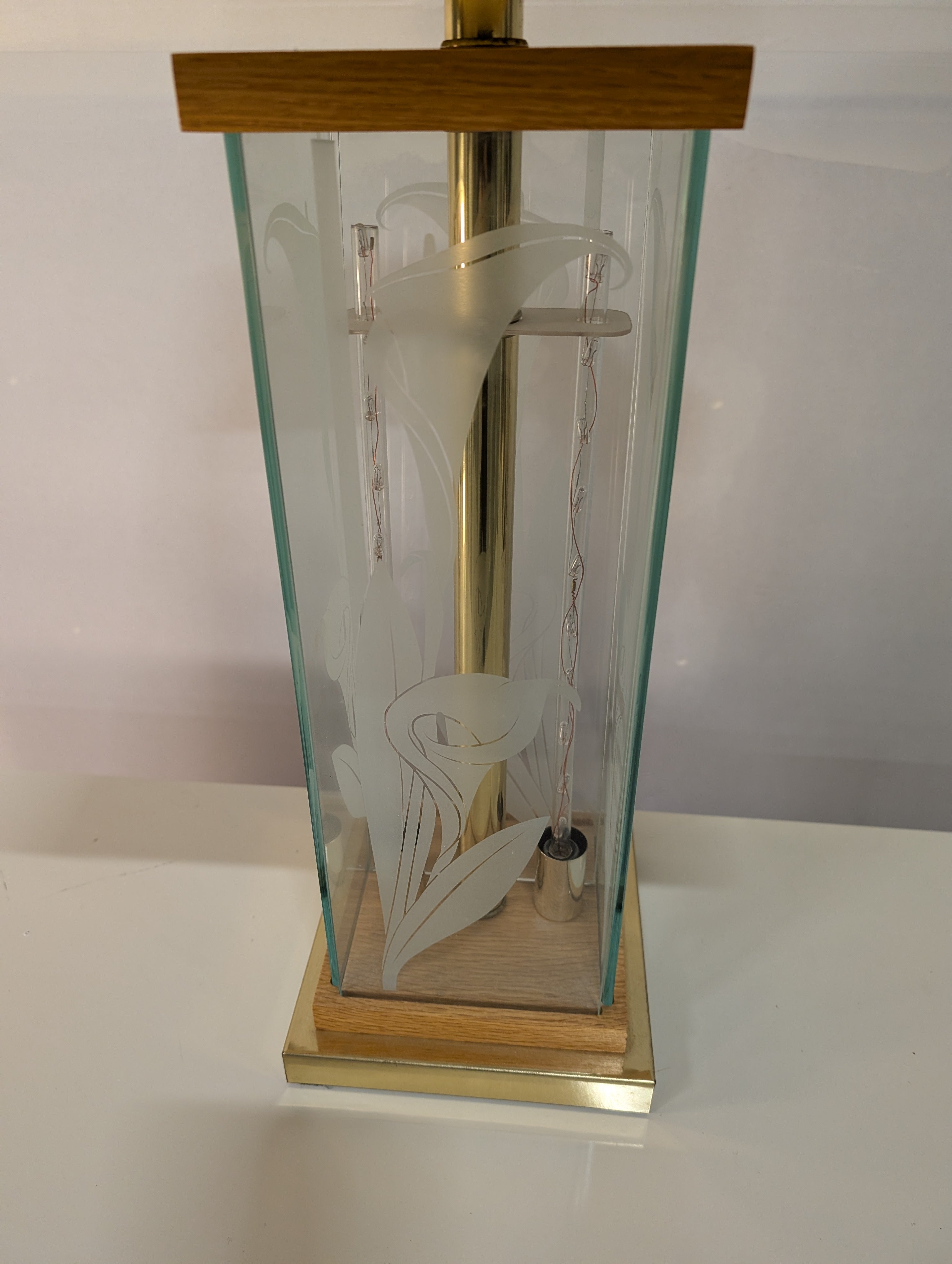 Frosted Calla Lily Etched Glass Table Lamp with Wood Base