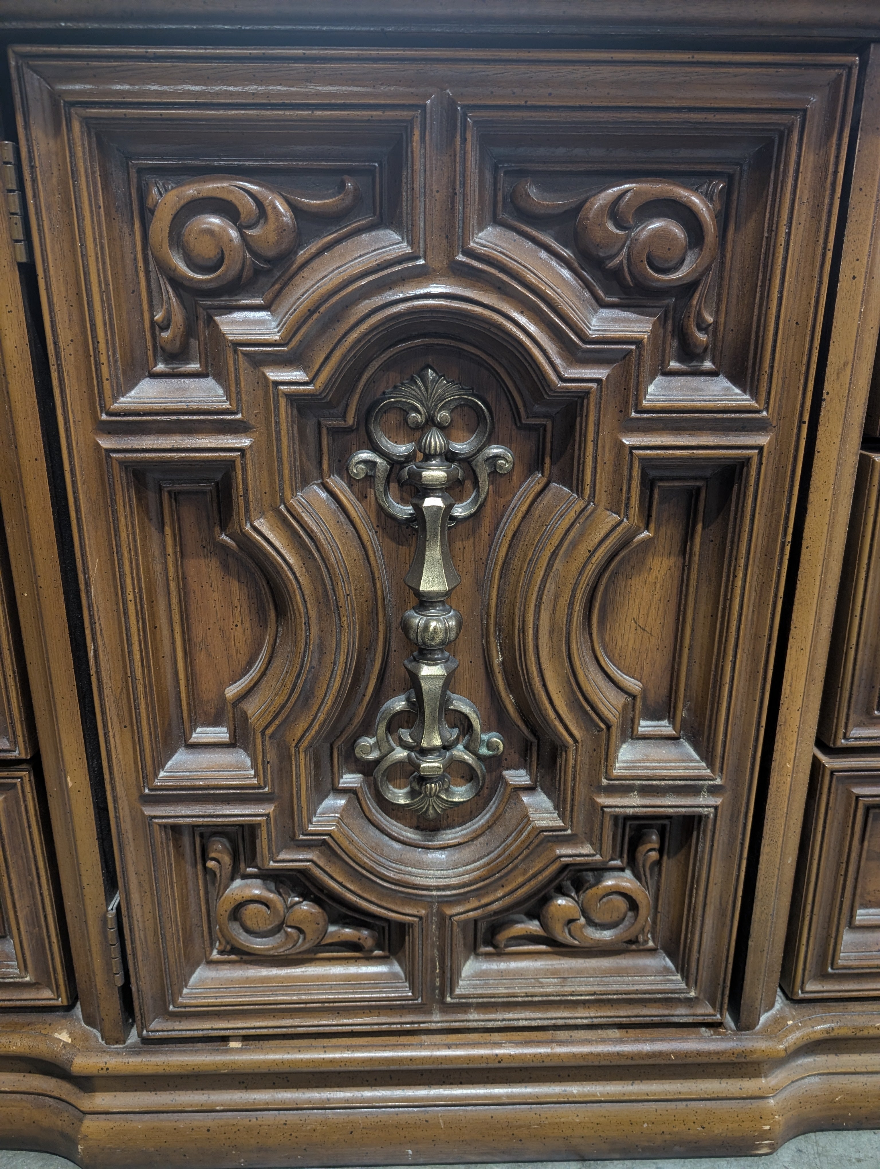 Ornate Traditional Dark Wood Dresser with Nine Drawers and Two Carved Mirrors