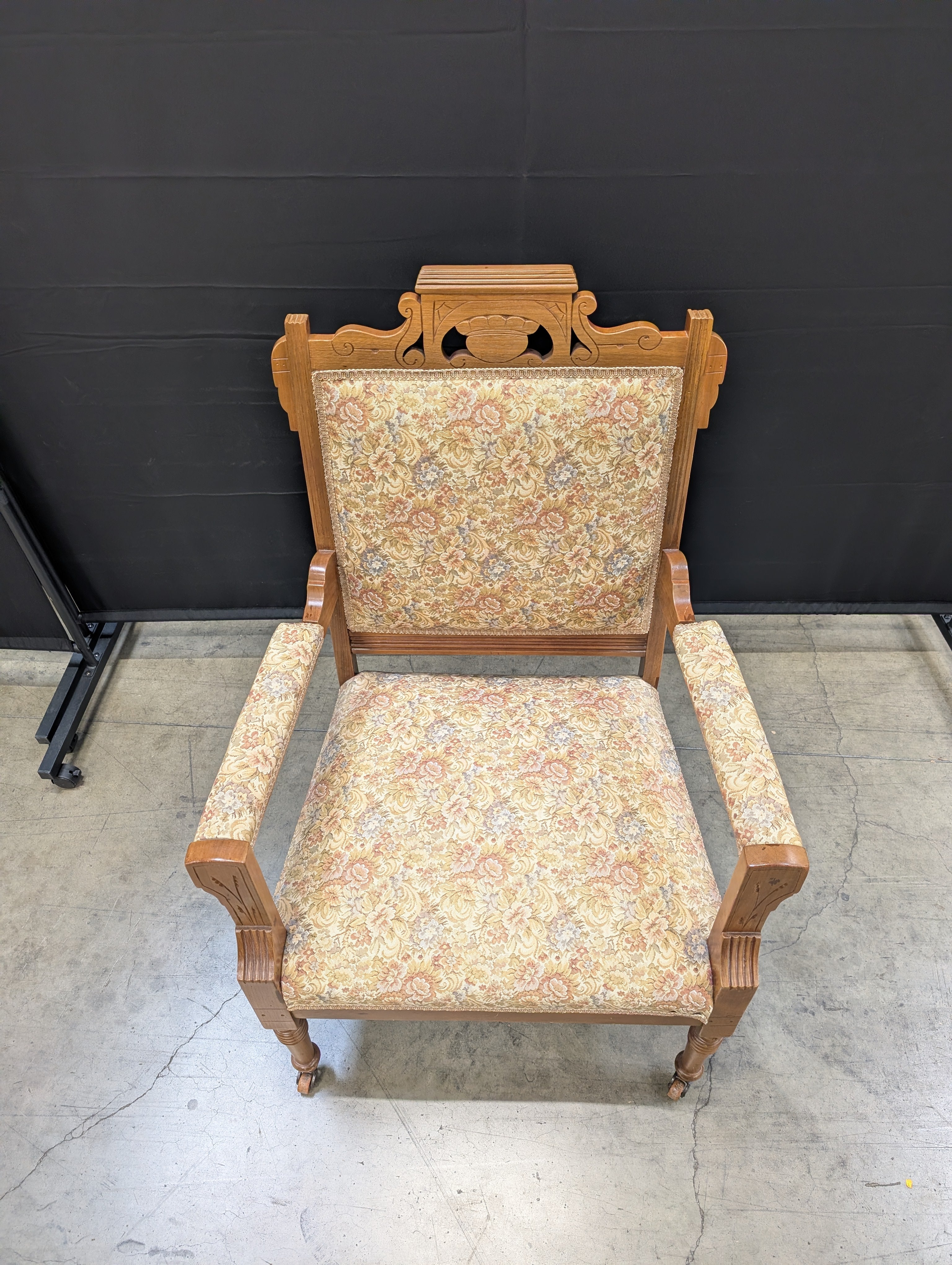 Vintage Carved Wood Armchair with Floral Upholstery