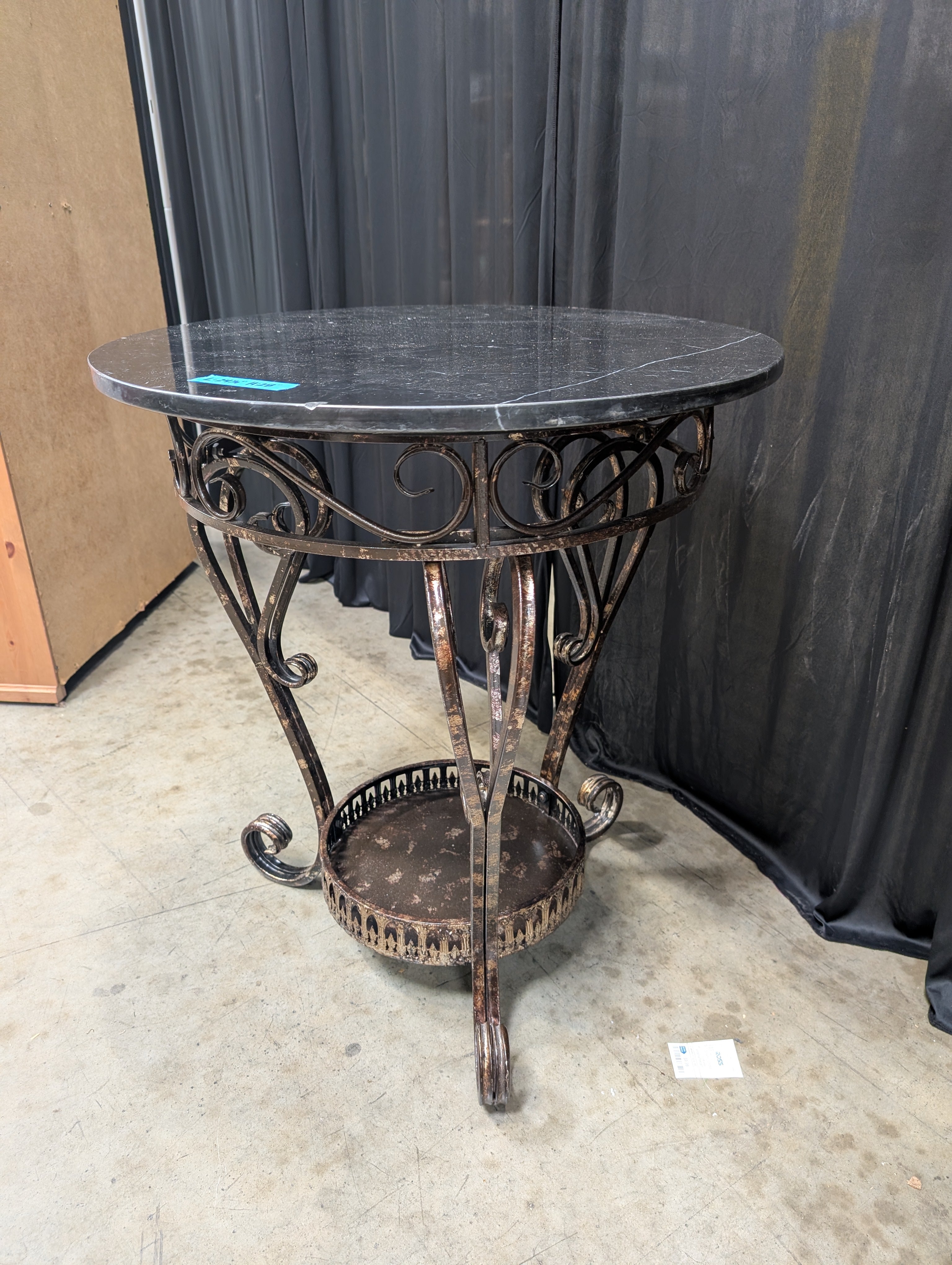 Round Black Marble End Table with Scrollwork Base