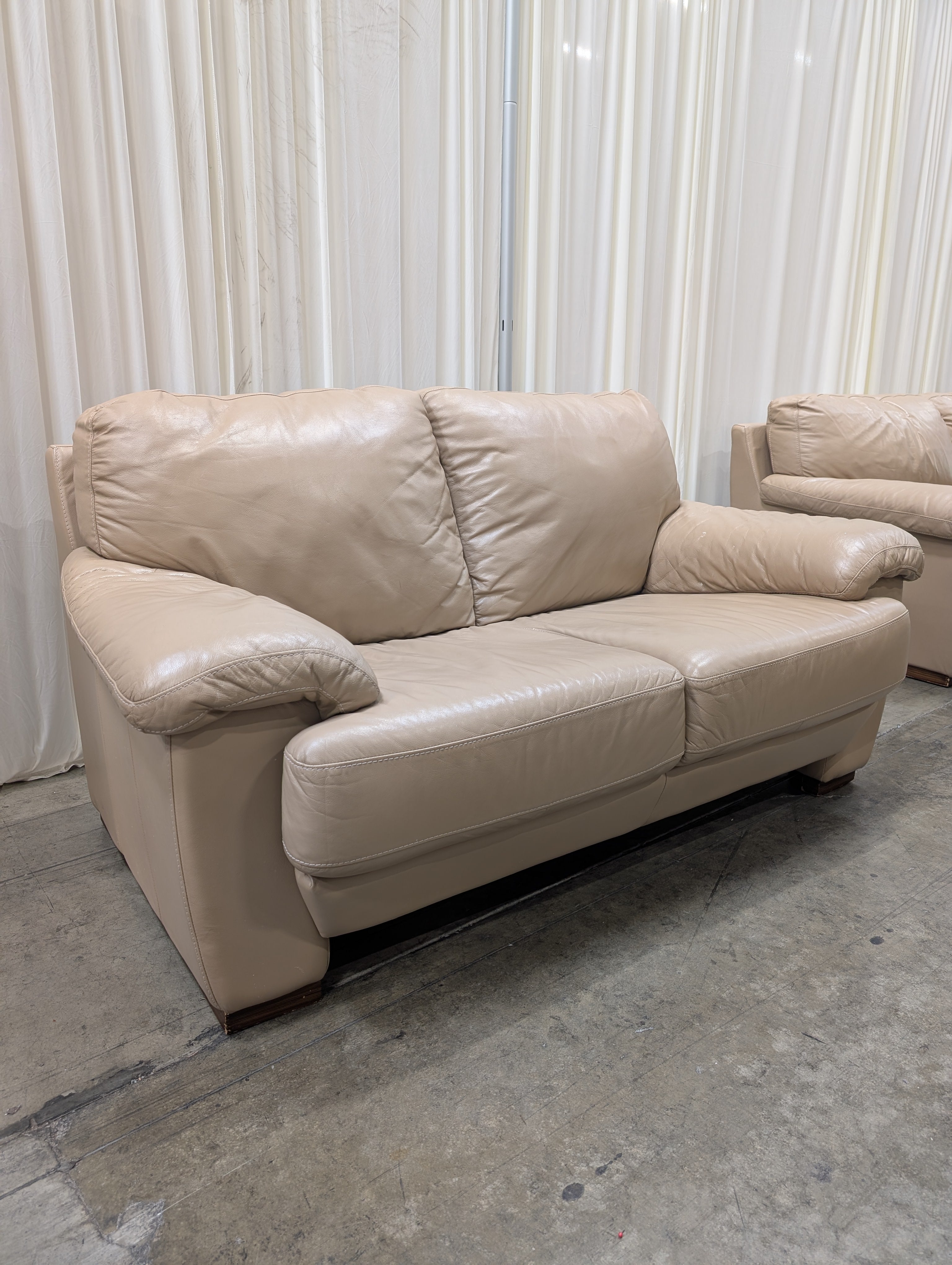 Taupe Overstuffed Loveseat in Leather
