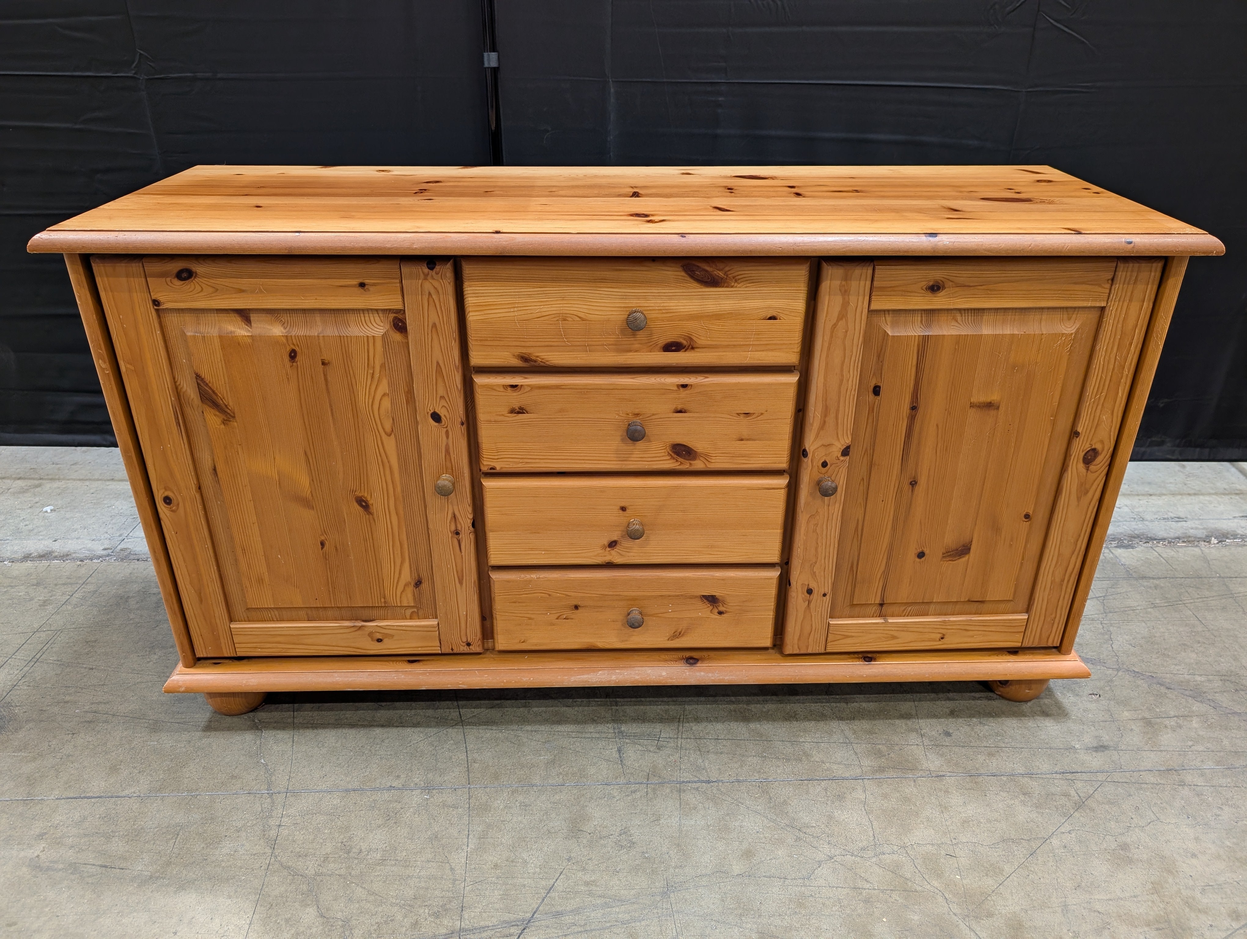 Rustic Pine Wood Sideboard with Cabinets and Drawers