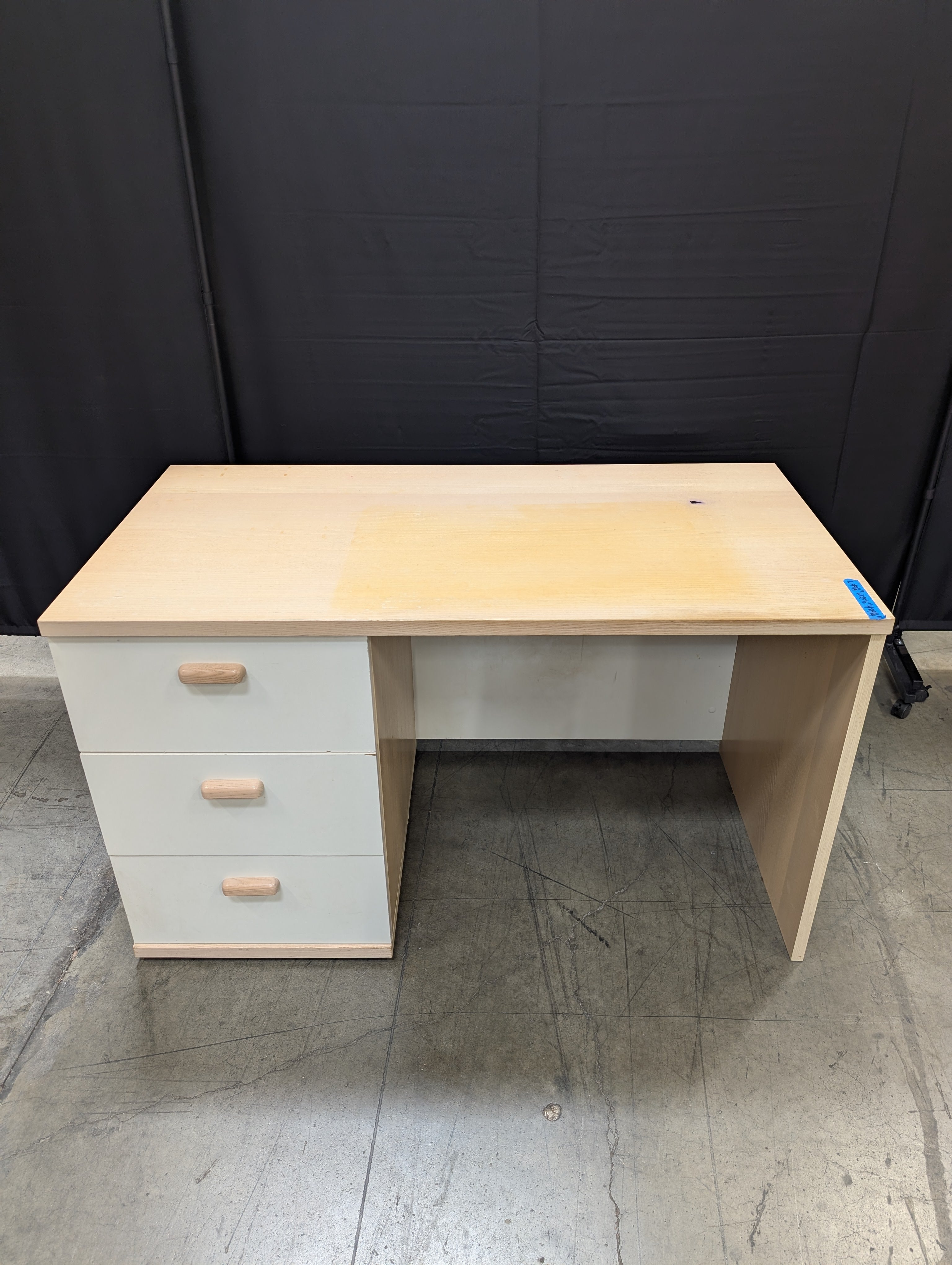 Modern Wood Tone Desk with Three Grey Drawers and Natural Pulls