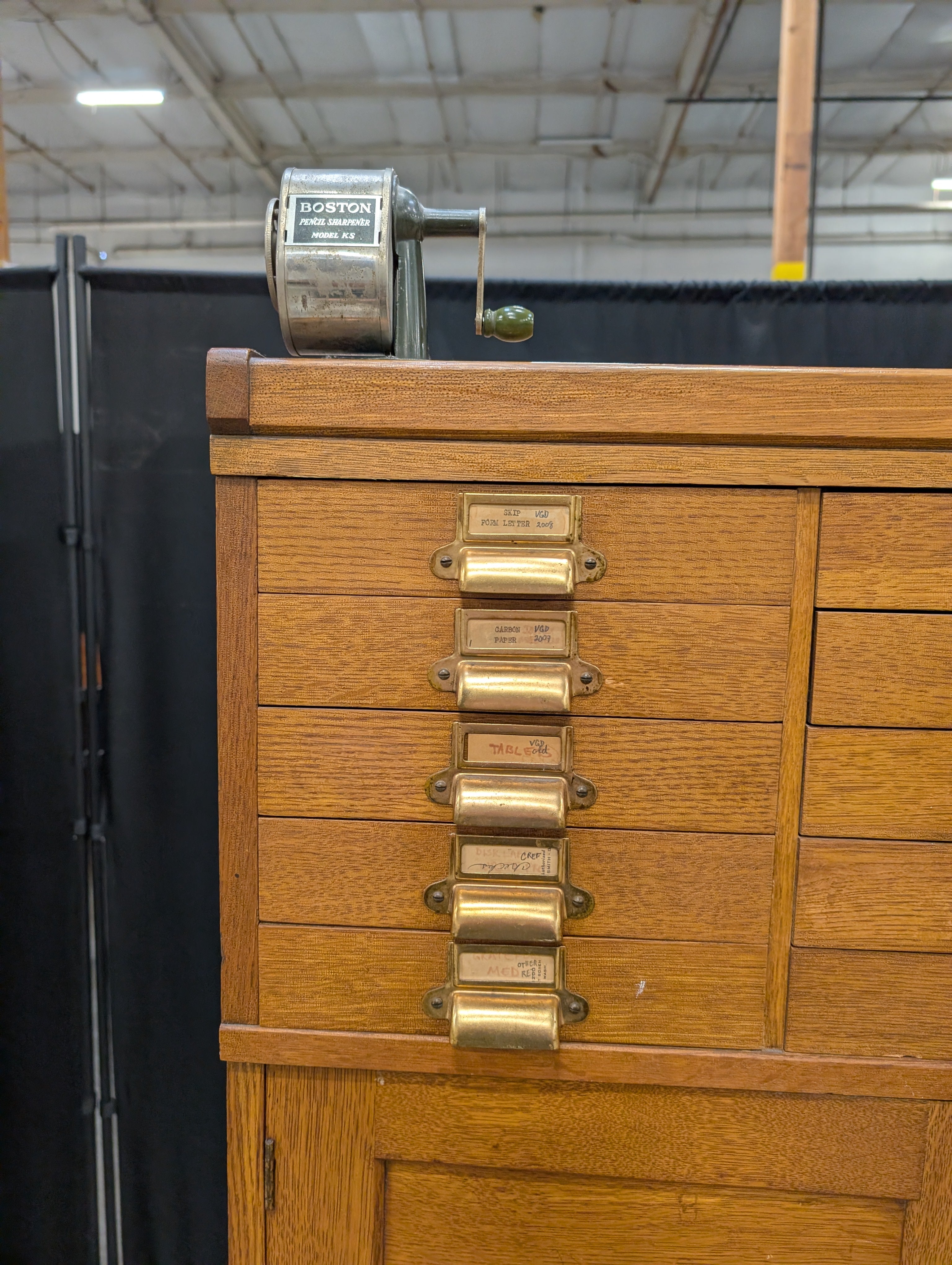 Vintage Yawman & Erbe Manufacturing Co. Oak Multi-Drawer Filing Cabinet with Brass Hardware