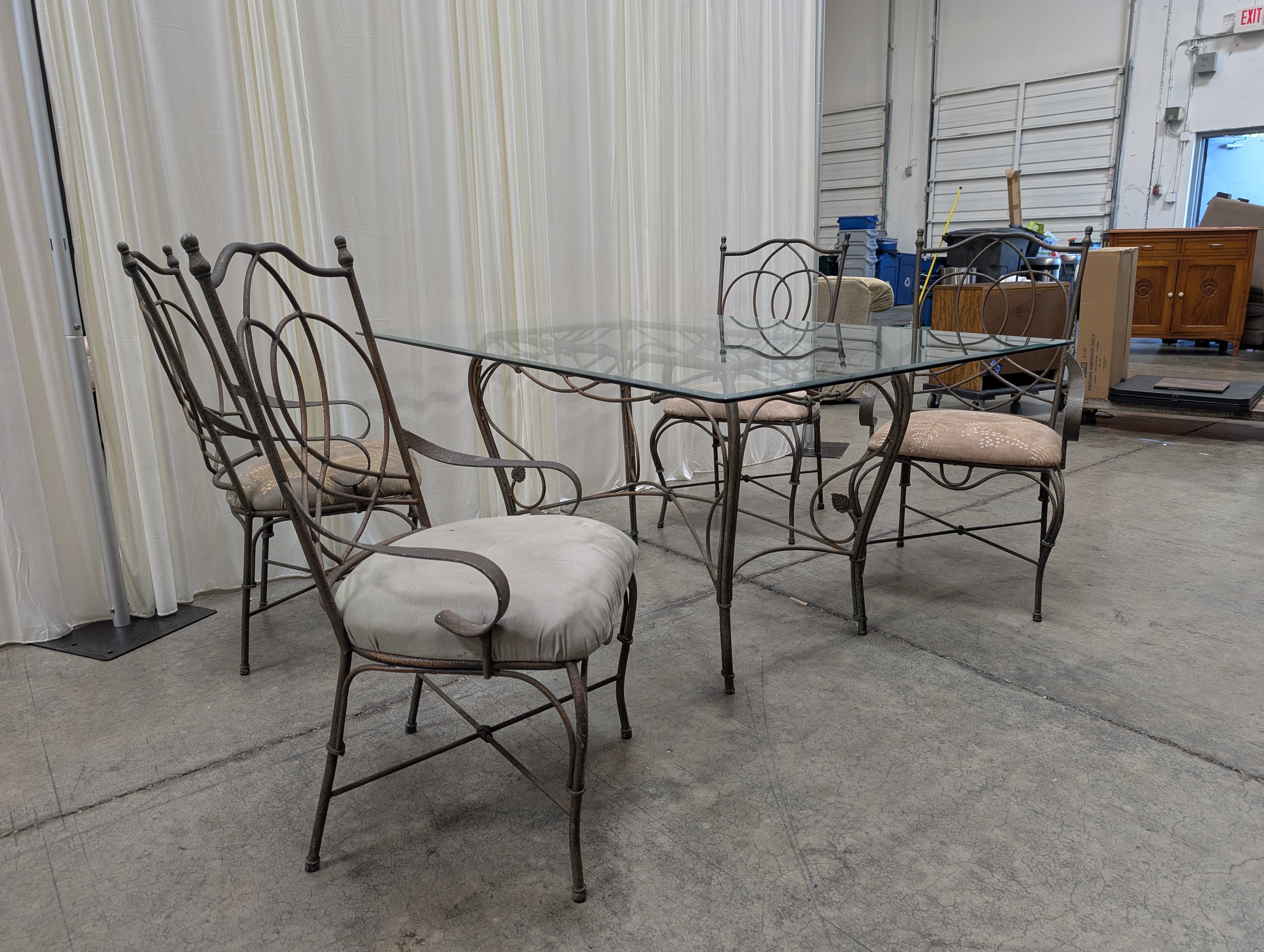Ornate Bronze Metal Dining Chairs with Glass Top Table
