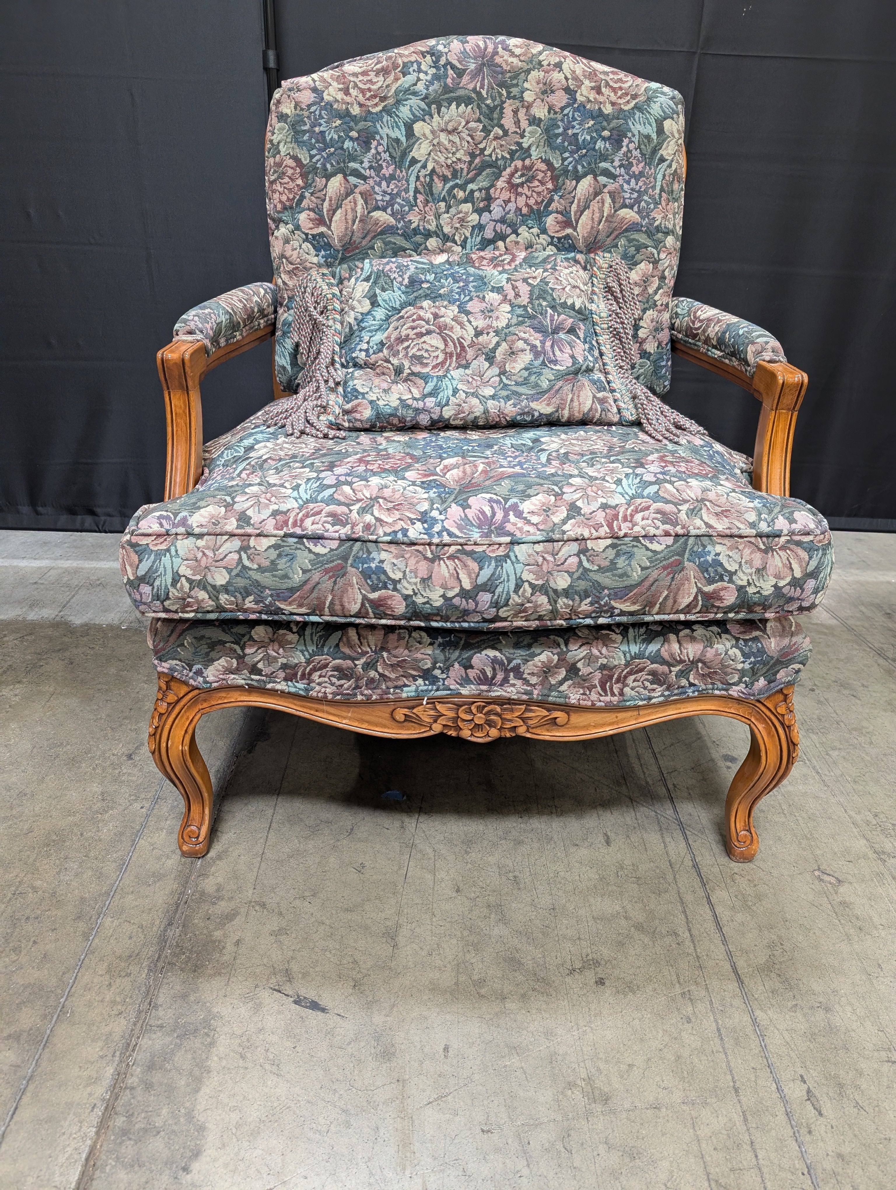 Vintage Floral Upholstered Carved Wood Armchair