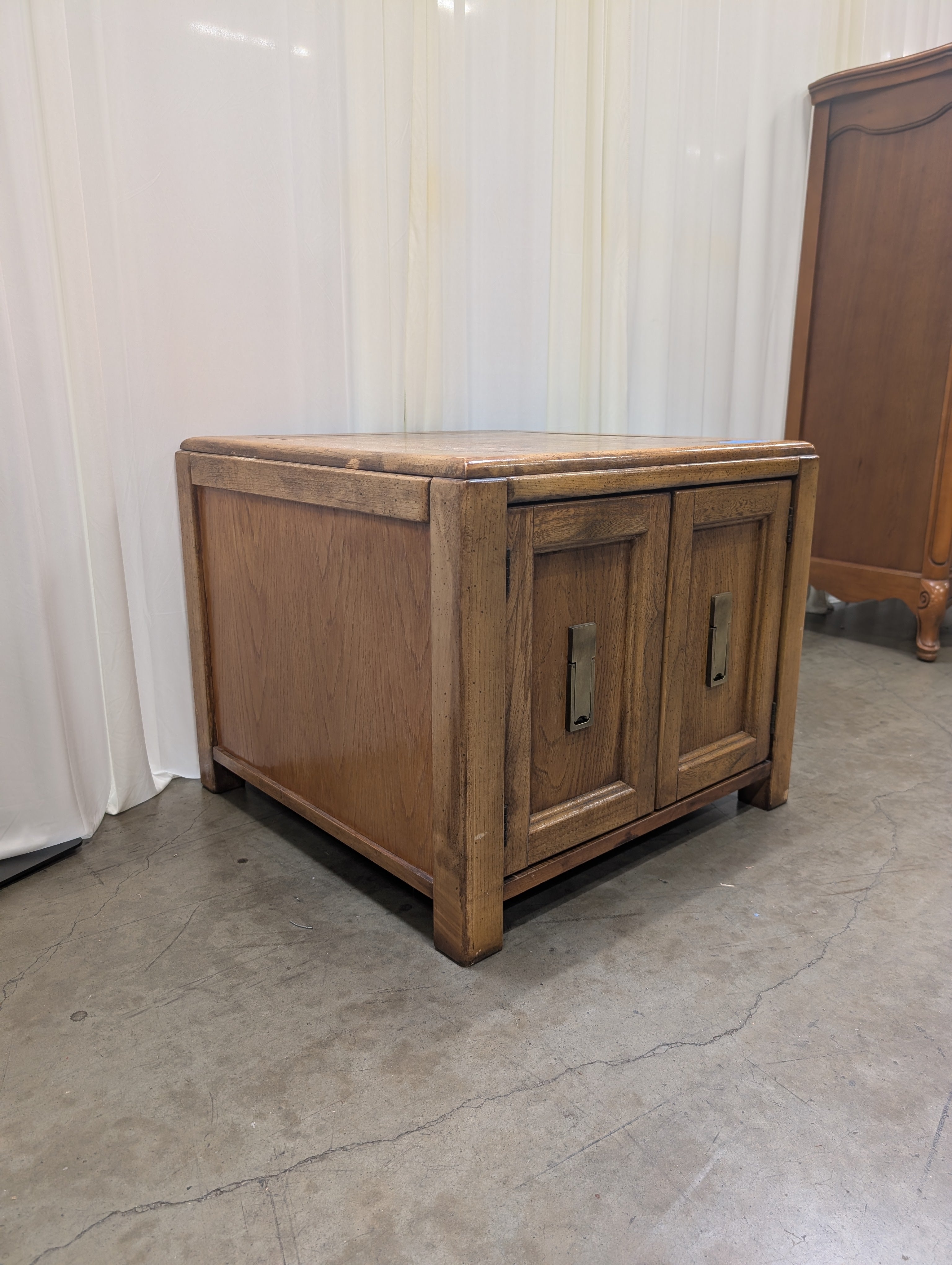 Vintage Oak Two-Door End Table with Brass Pulls