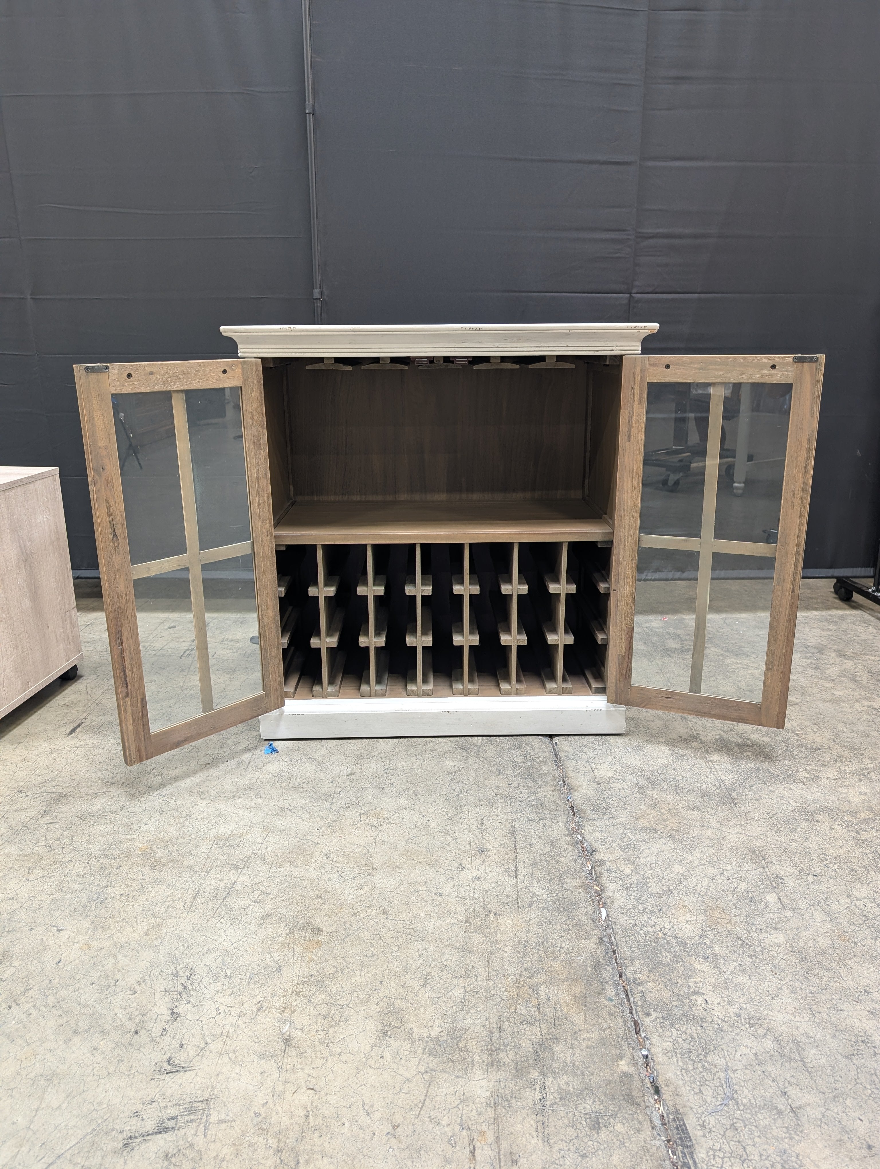 Two-Tone Distressed White Wine Cabinet with Glass Doors