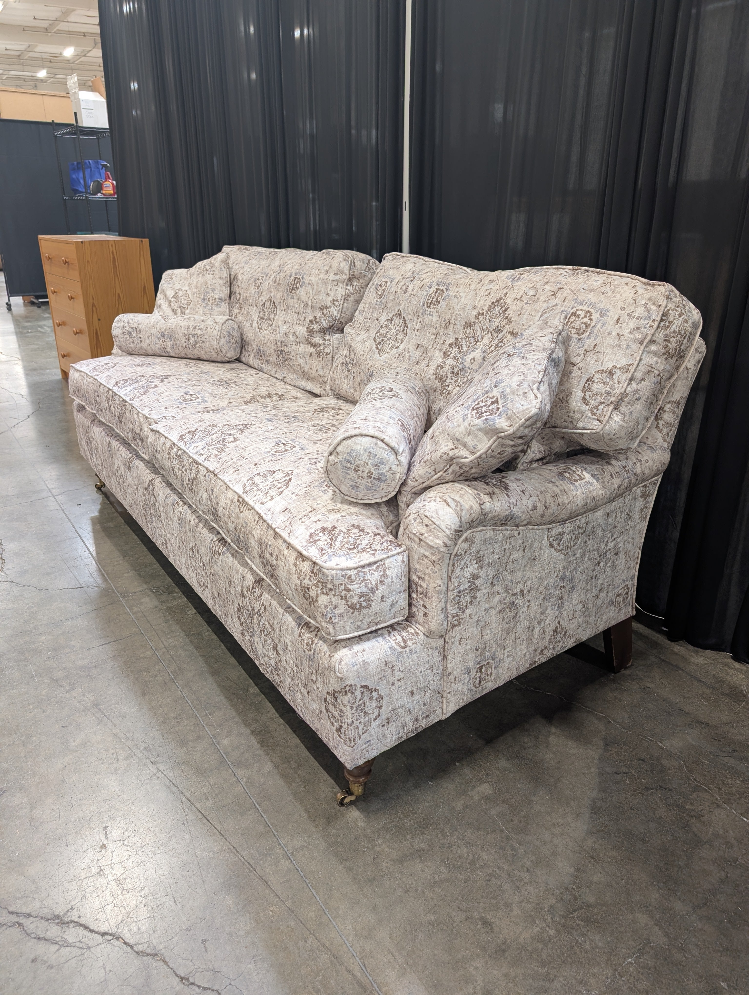 Traditional Patterned Fabric Couch with Rolled Arms