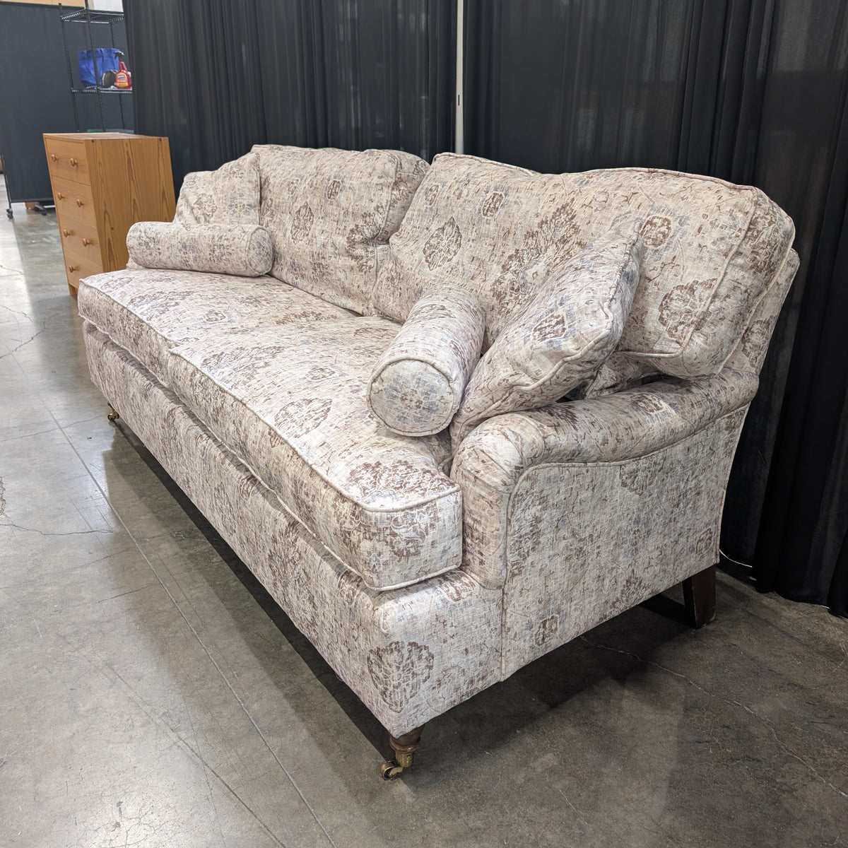 Traditional Patterned Fabric Couch with Rolled Arms