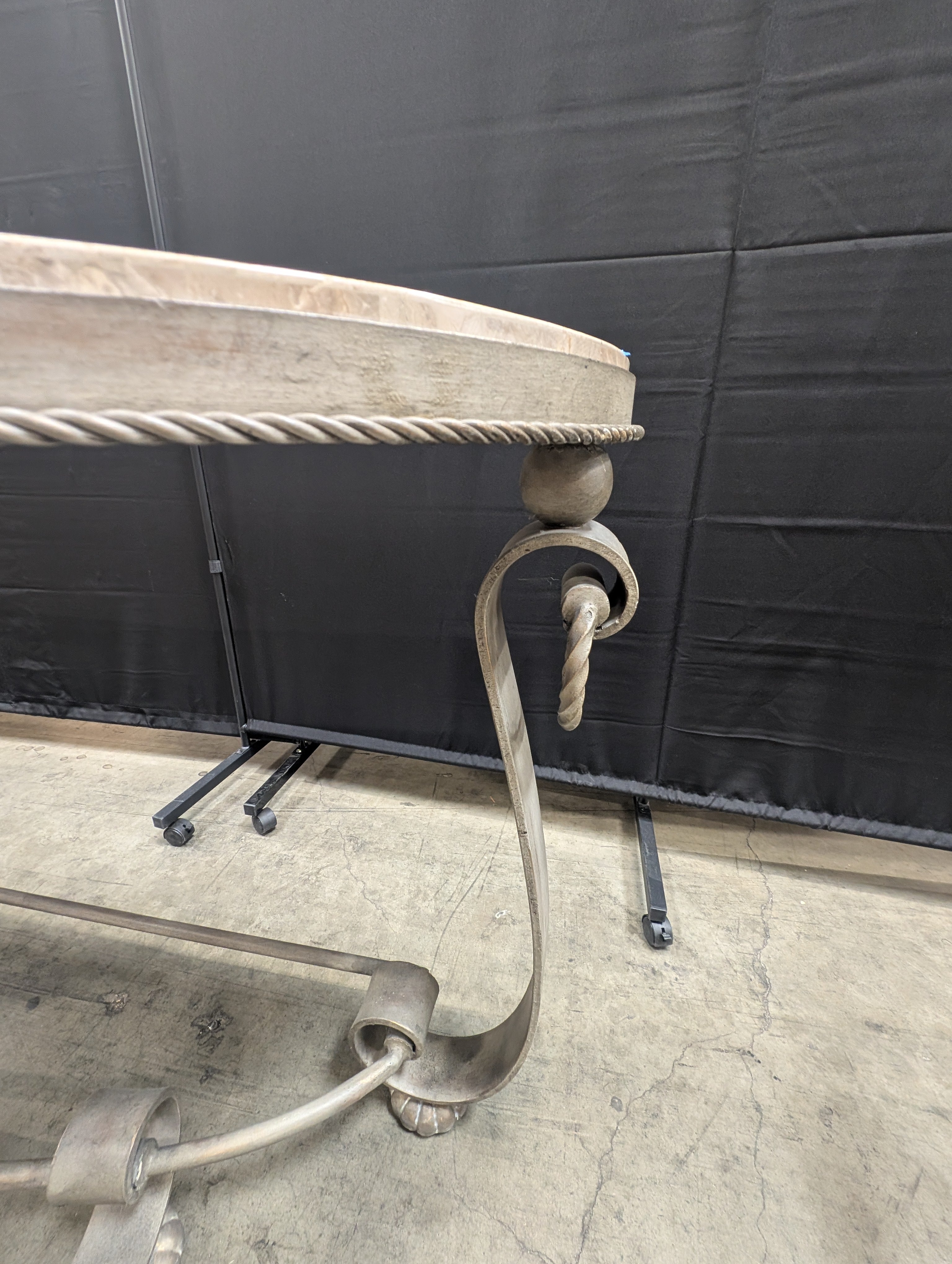 Demilune Console Table with Faux Stone Top and Scrollwork Metal Base