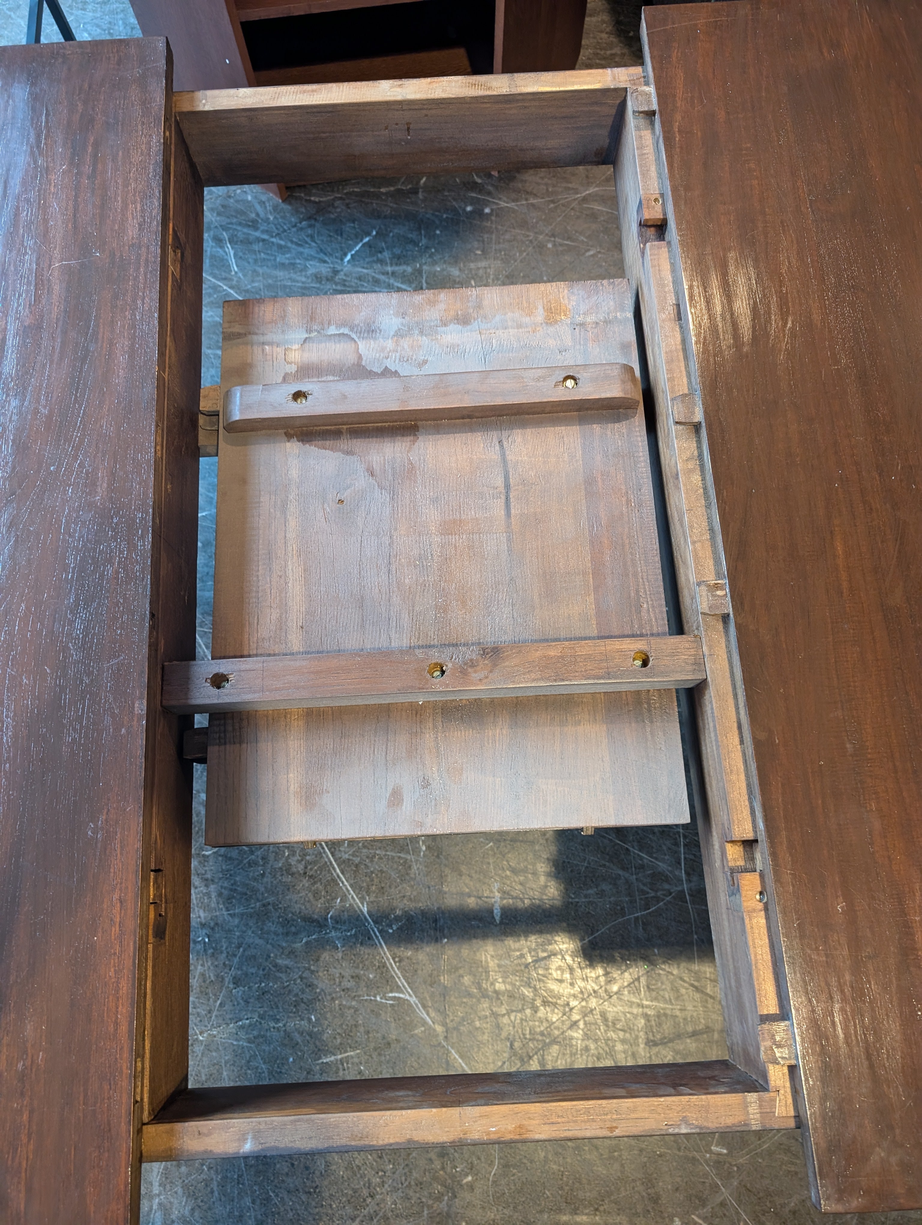 Sturdy Rectangular Dark Wood Dining Table with built in leaf and two drawers