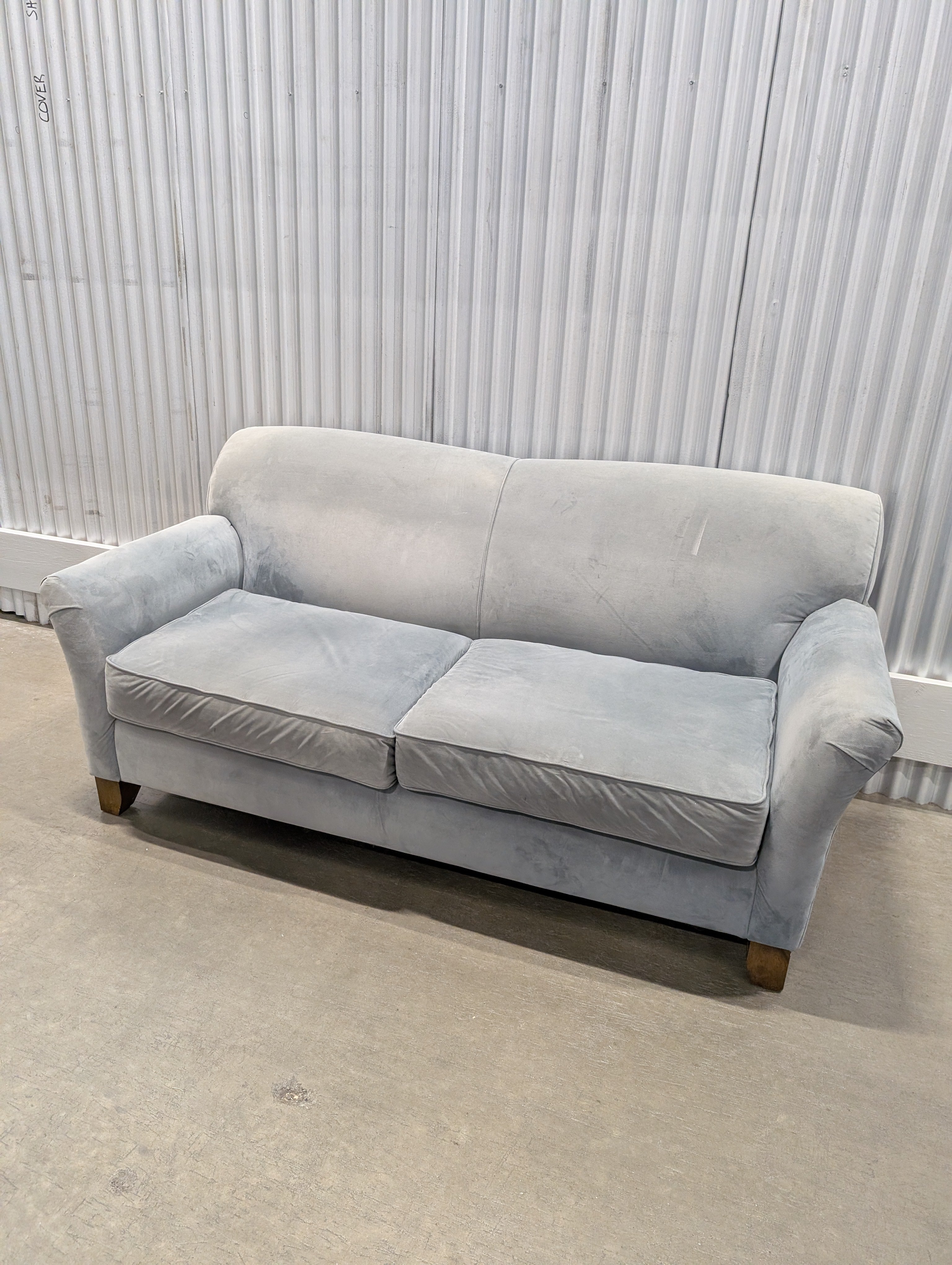 Classic Light Blue-Grey Fabric Sofa with Rolled Arms