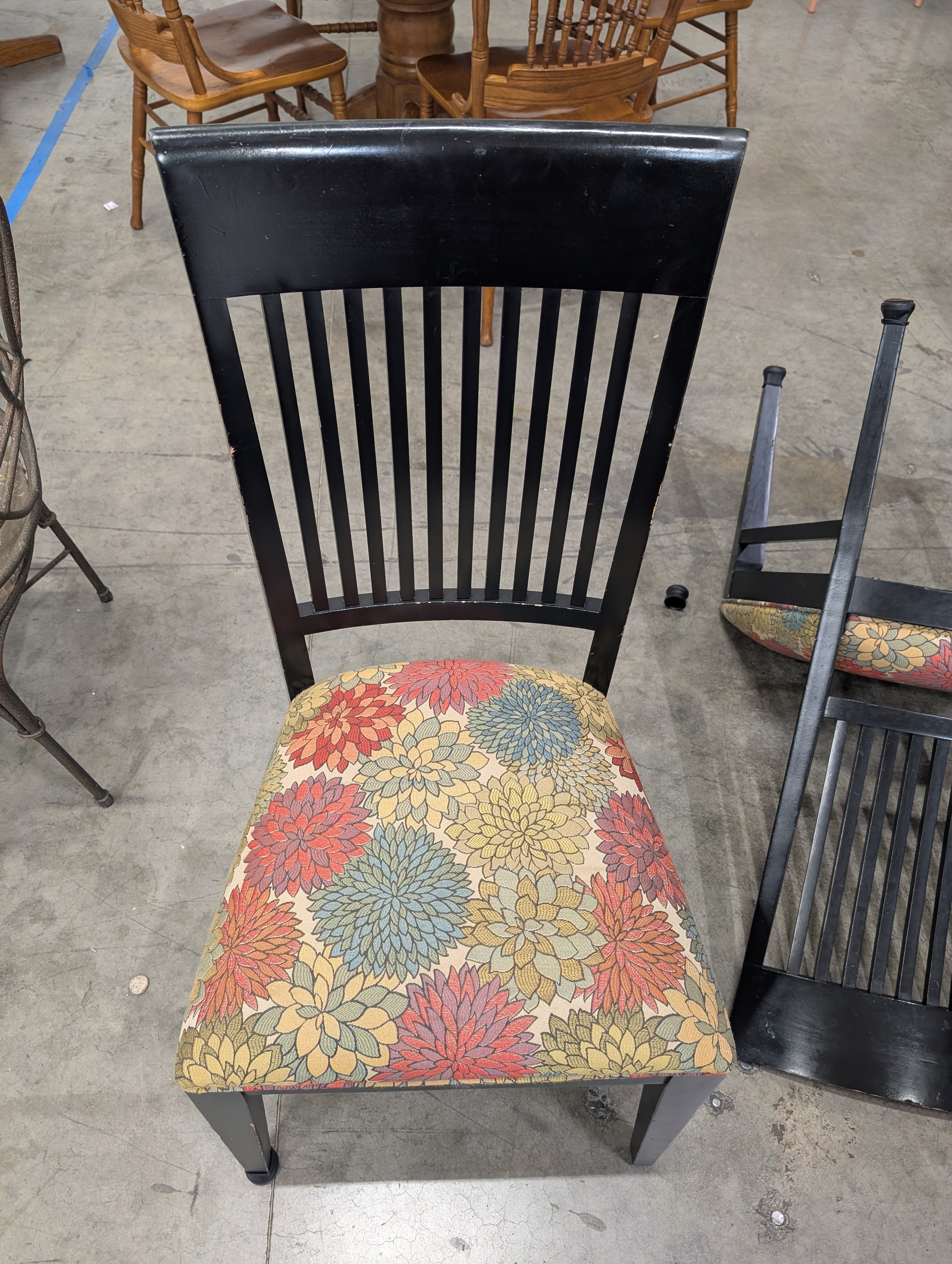 Round Wood Dining Table with Four Ethan Allen Black Chairs