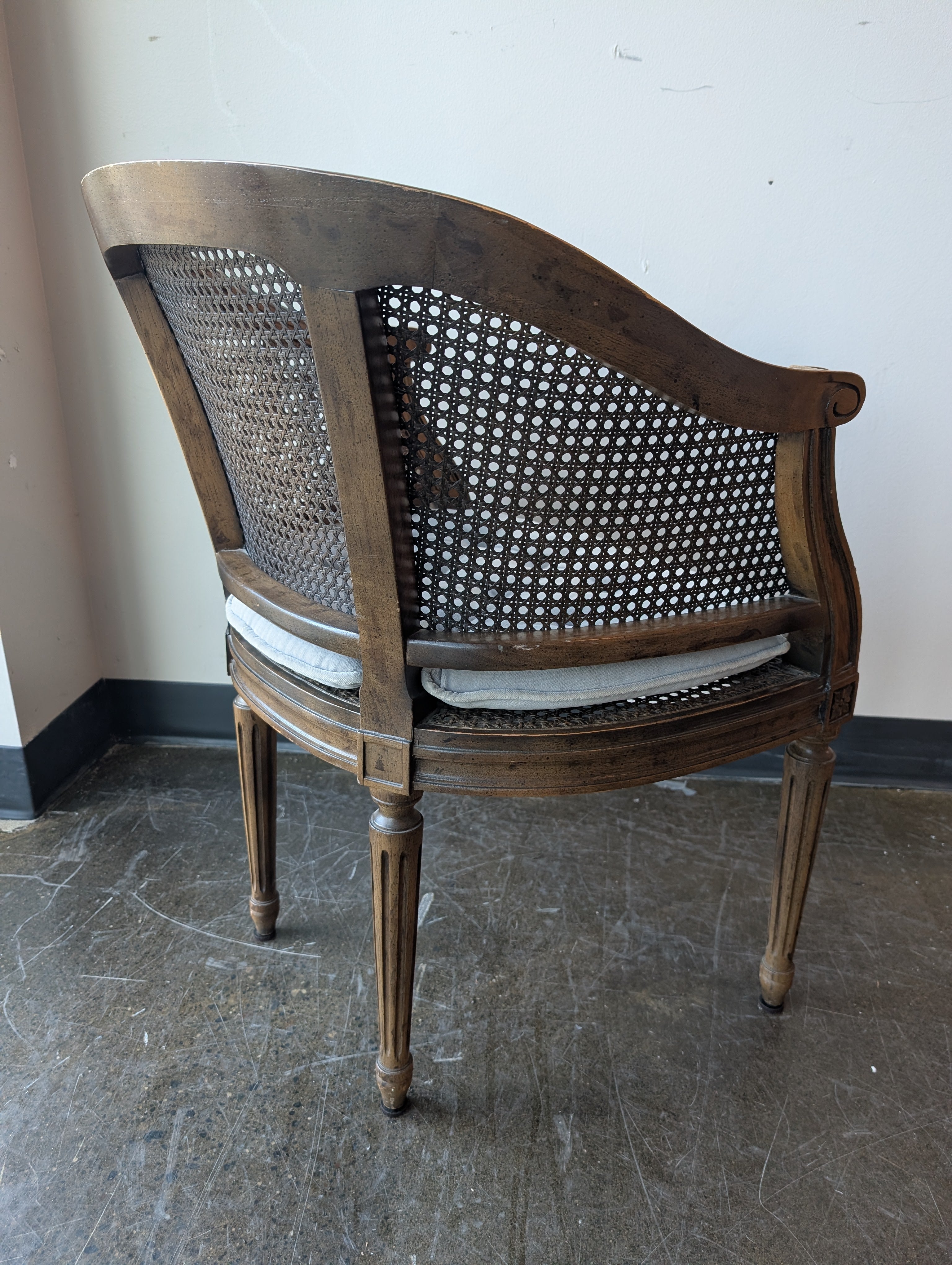 Vintage Cane Barrel Back Armchair with Tufted Cushion