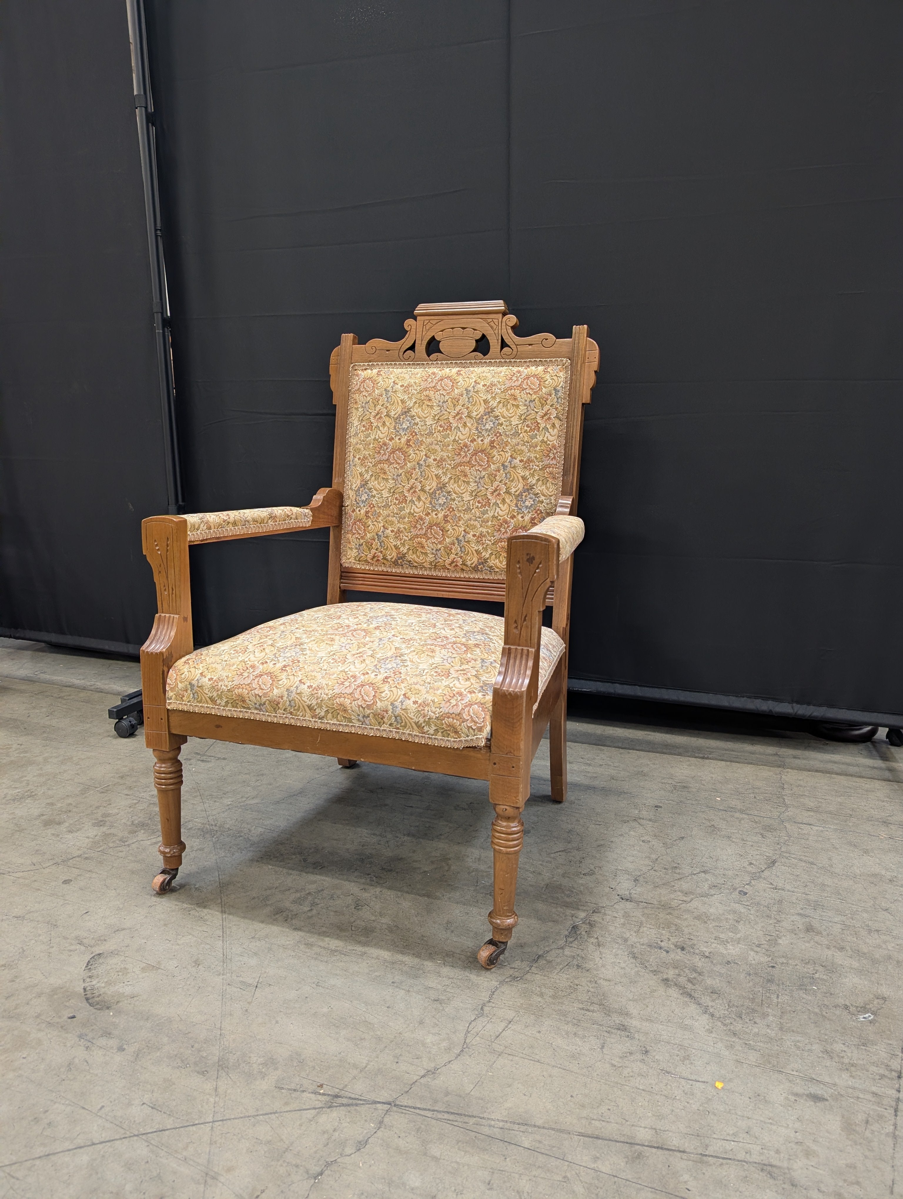 Vintage Carved Wood Armchair with Floral Upholstery