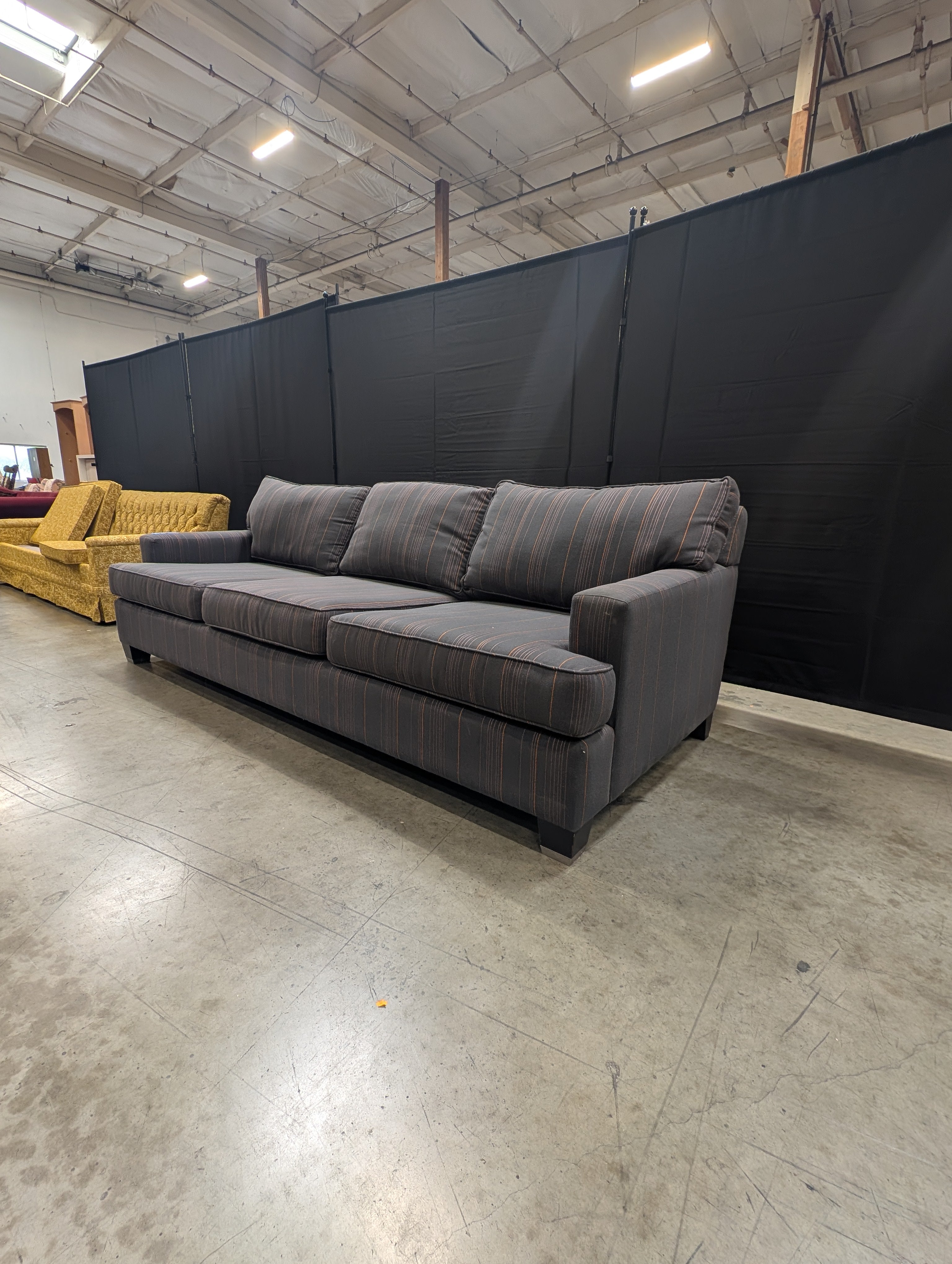 Plum Striped Upholstered Three-Seater Sofa