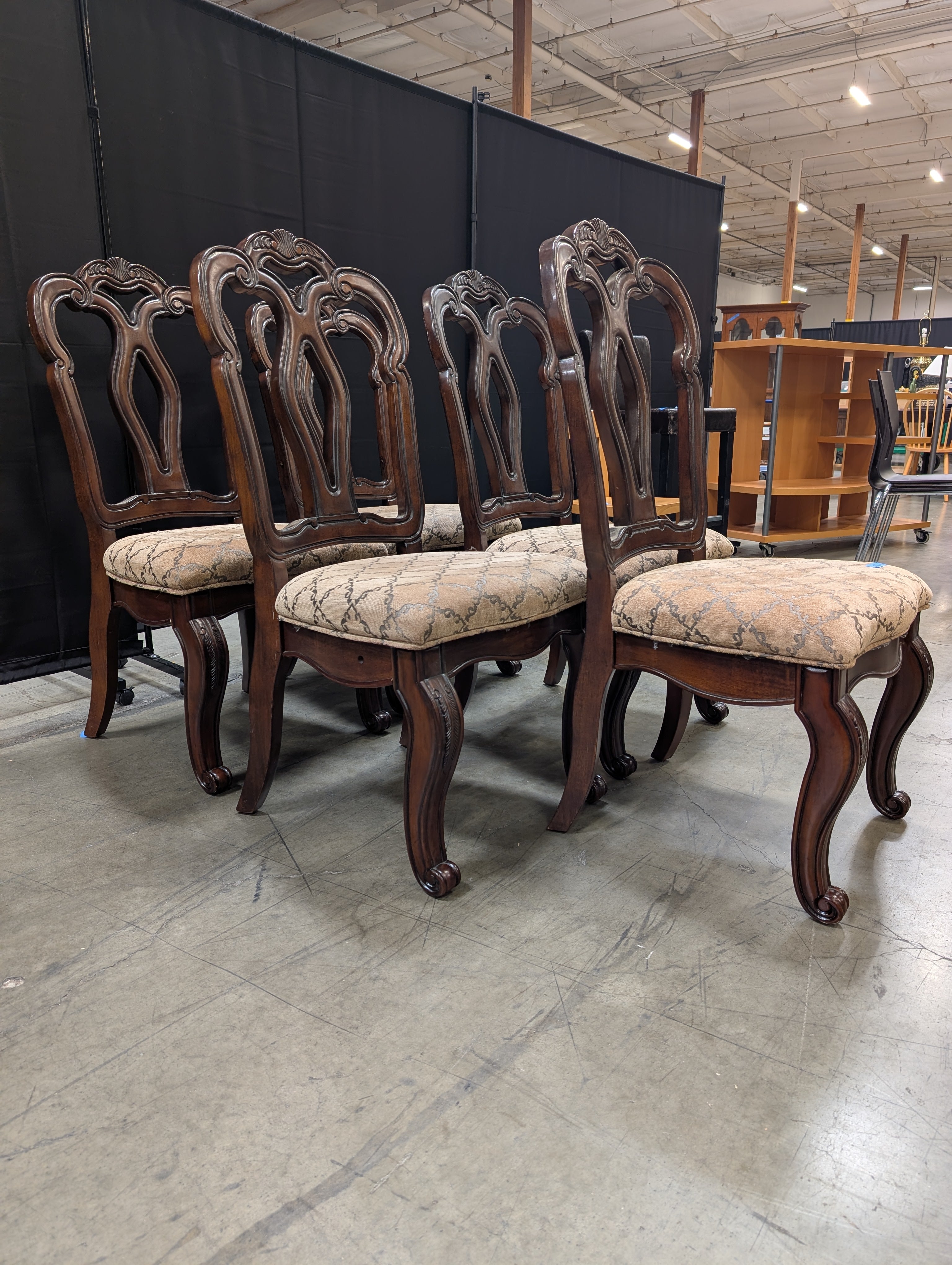 Set of Four Ornate Carved Wood Dining Chair with Patterned Upholstered Seat