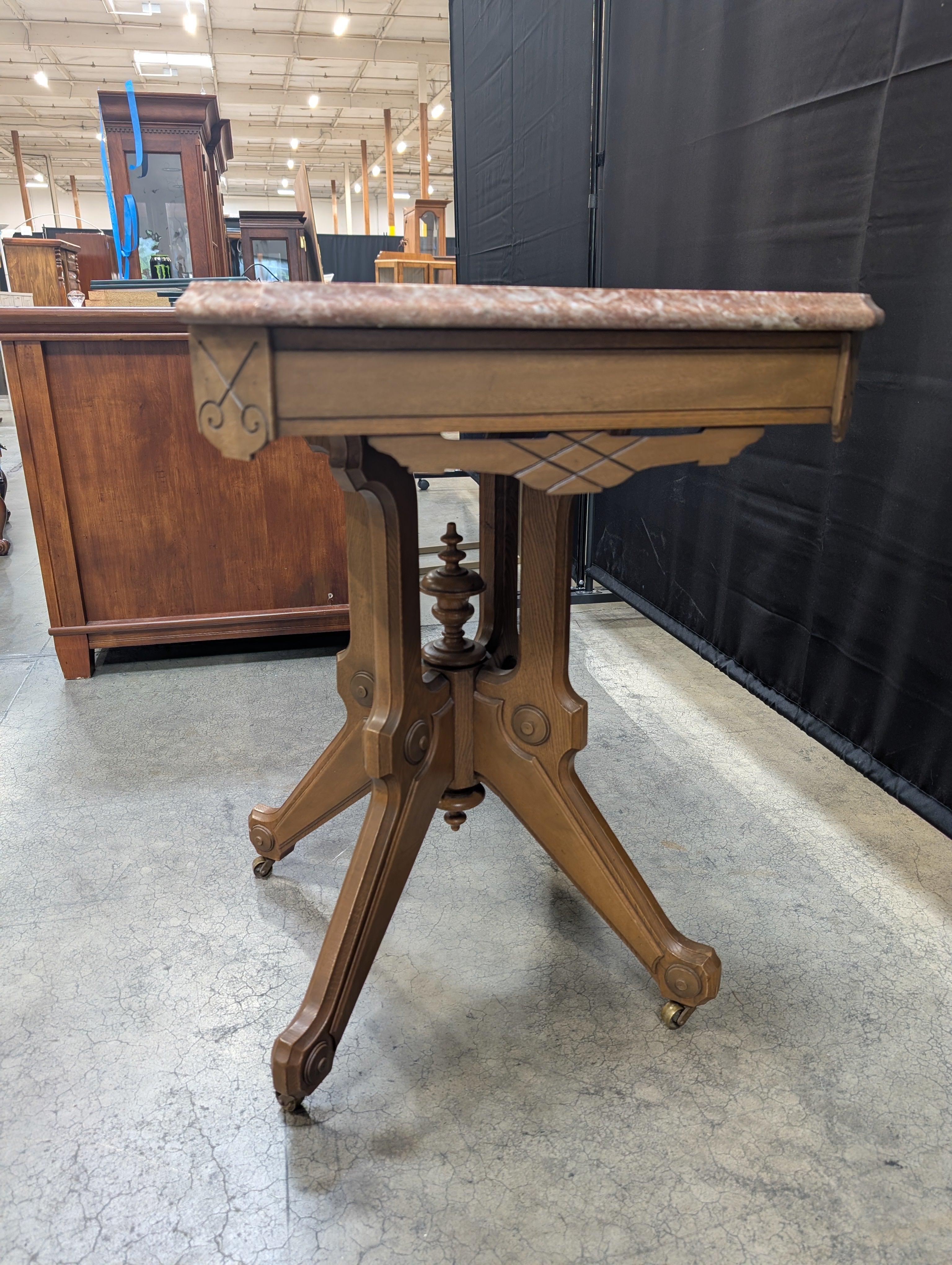 Vintage Hexagonal Marble Top Accent Table with Carved Wood Base