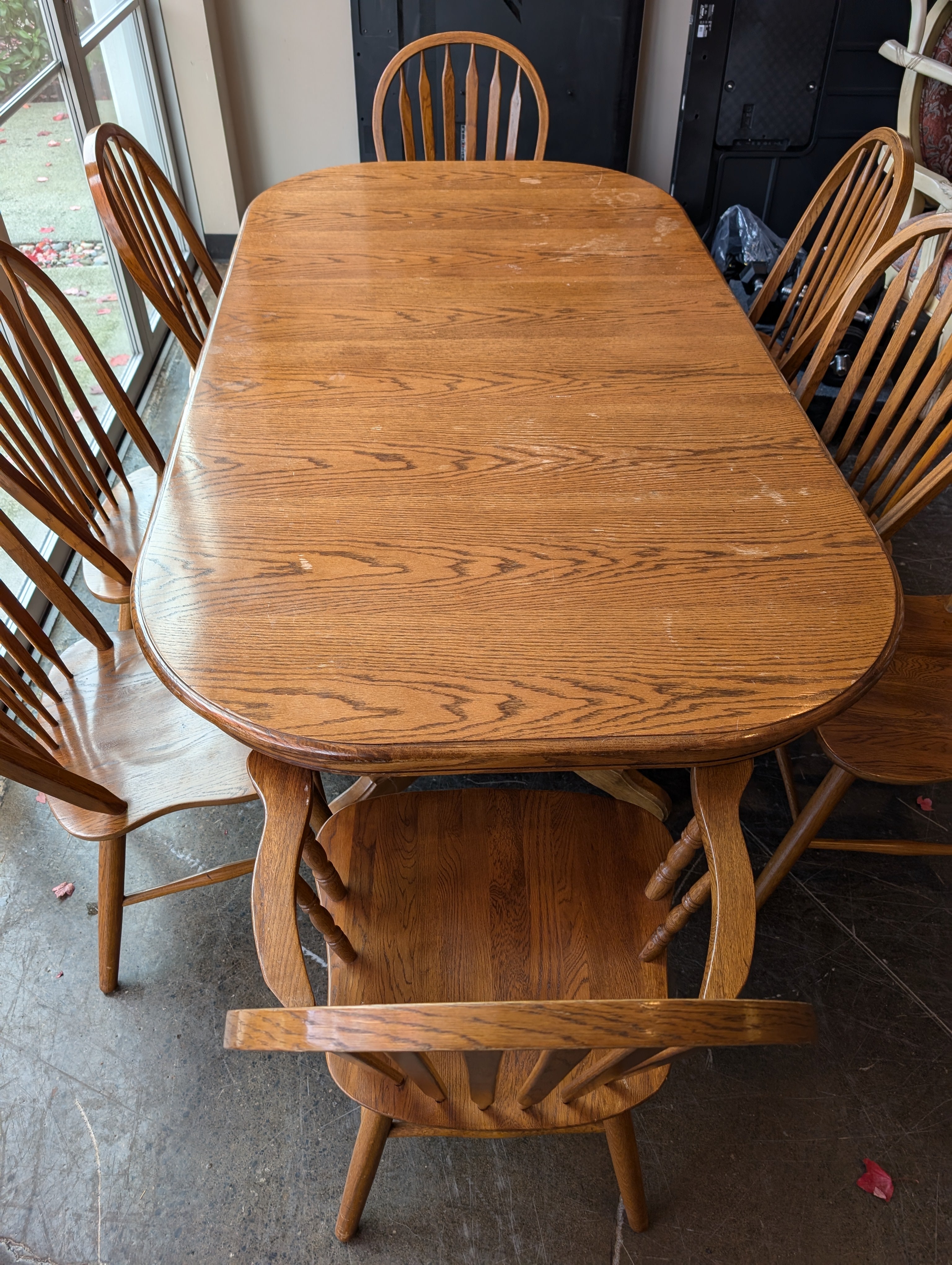 Classic Wood Dining Table Set with seven Windsor Chairs