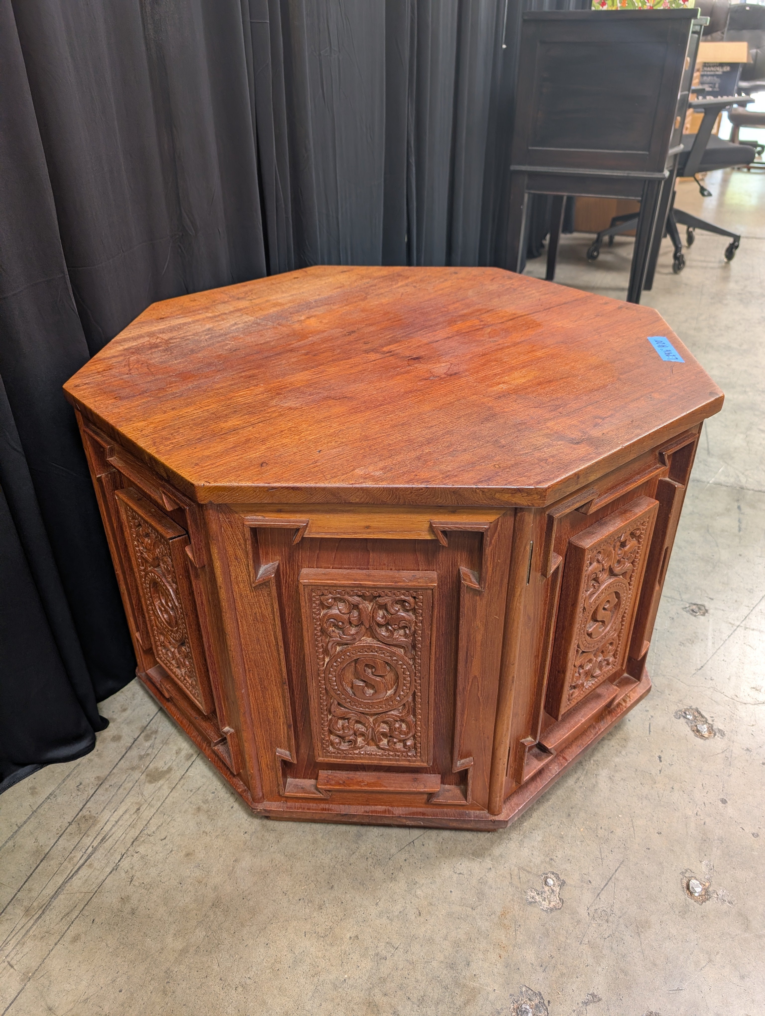 Carved Octagonal End Table in Dark Wood