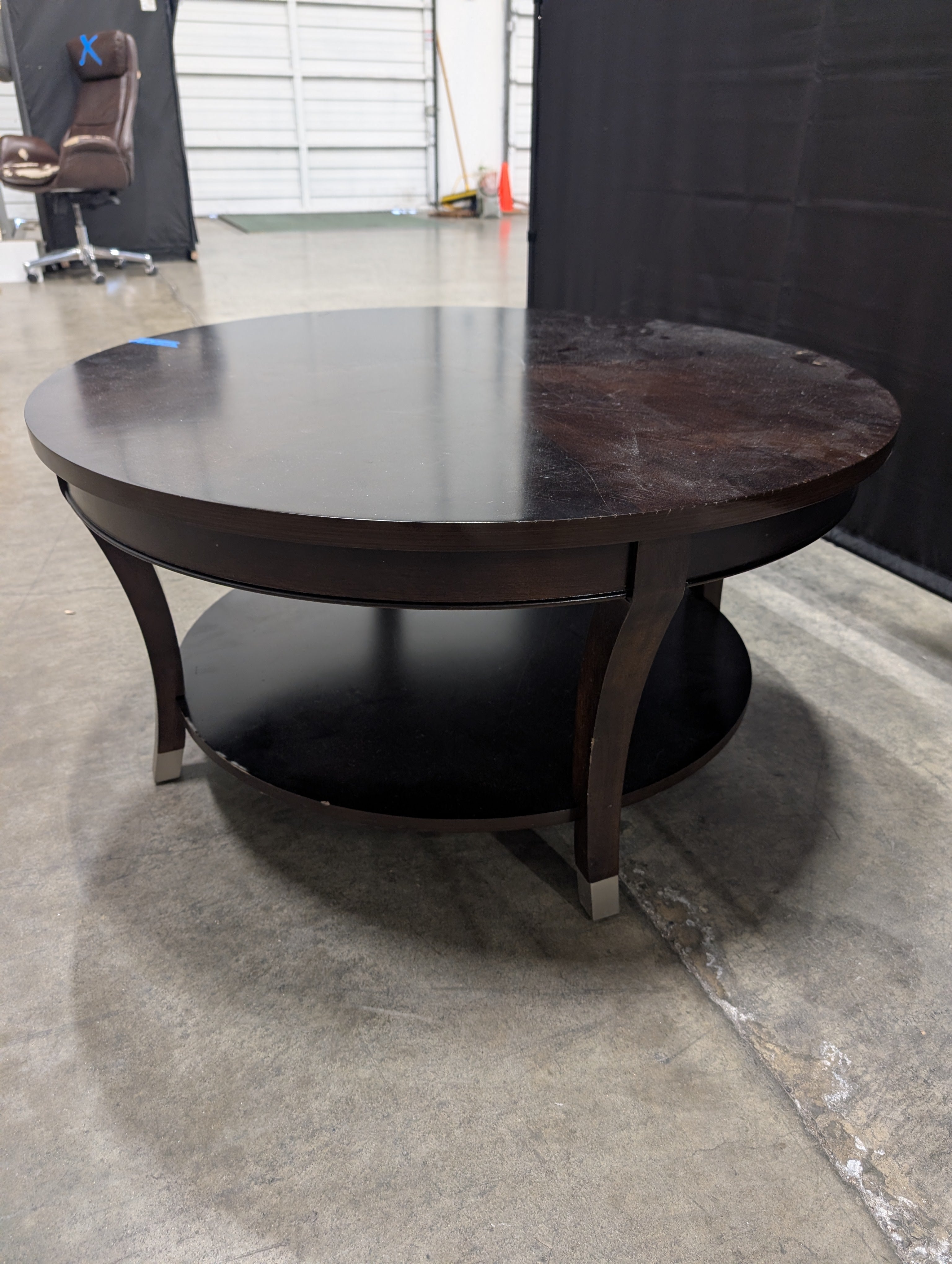 Contemporary Dark Wood Round Coffee Table with Lower Shelf