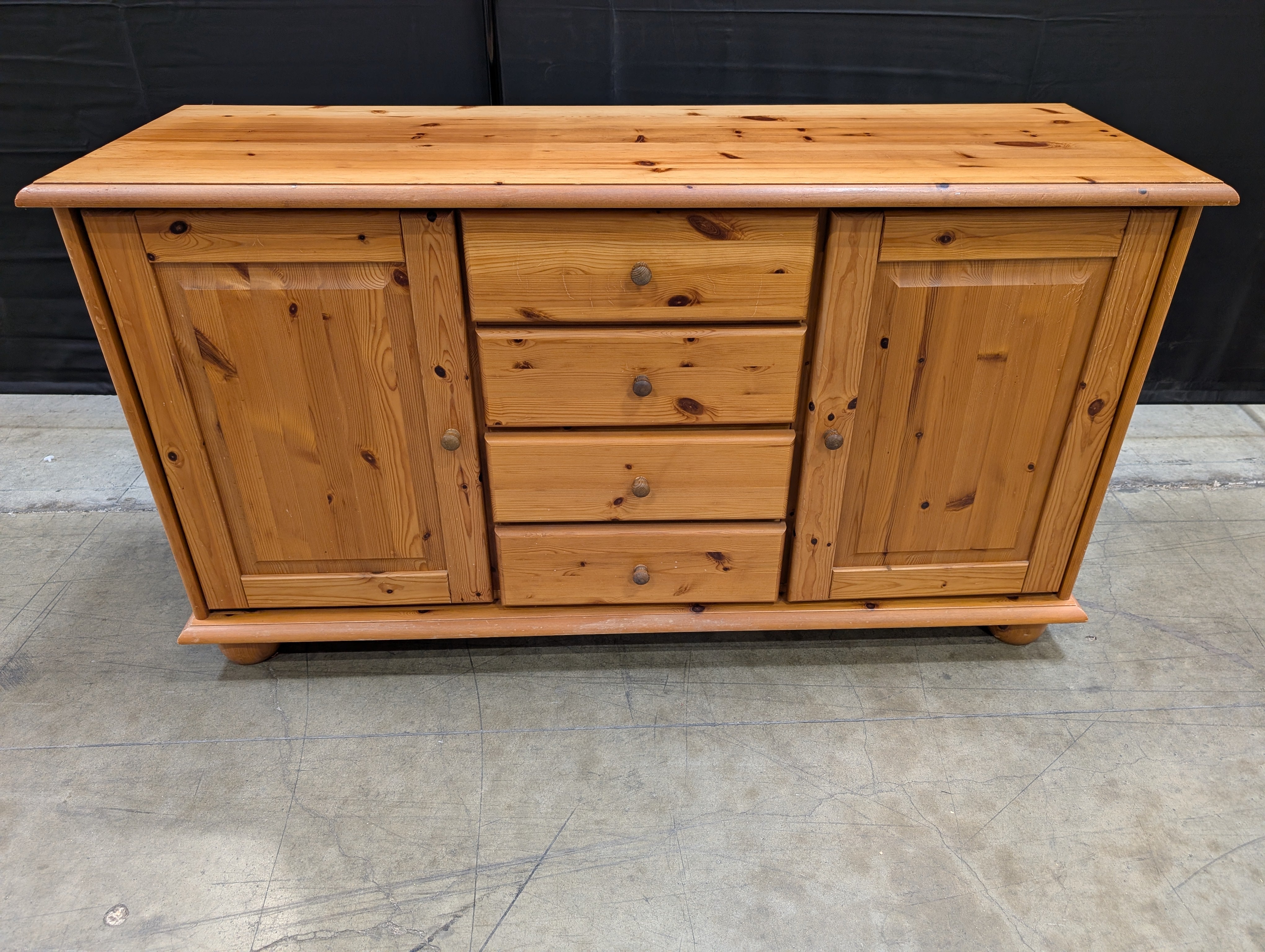 Rustic Pine Wood Sideboard with Cabinets and Drawers