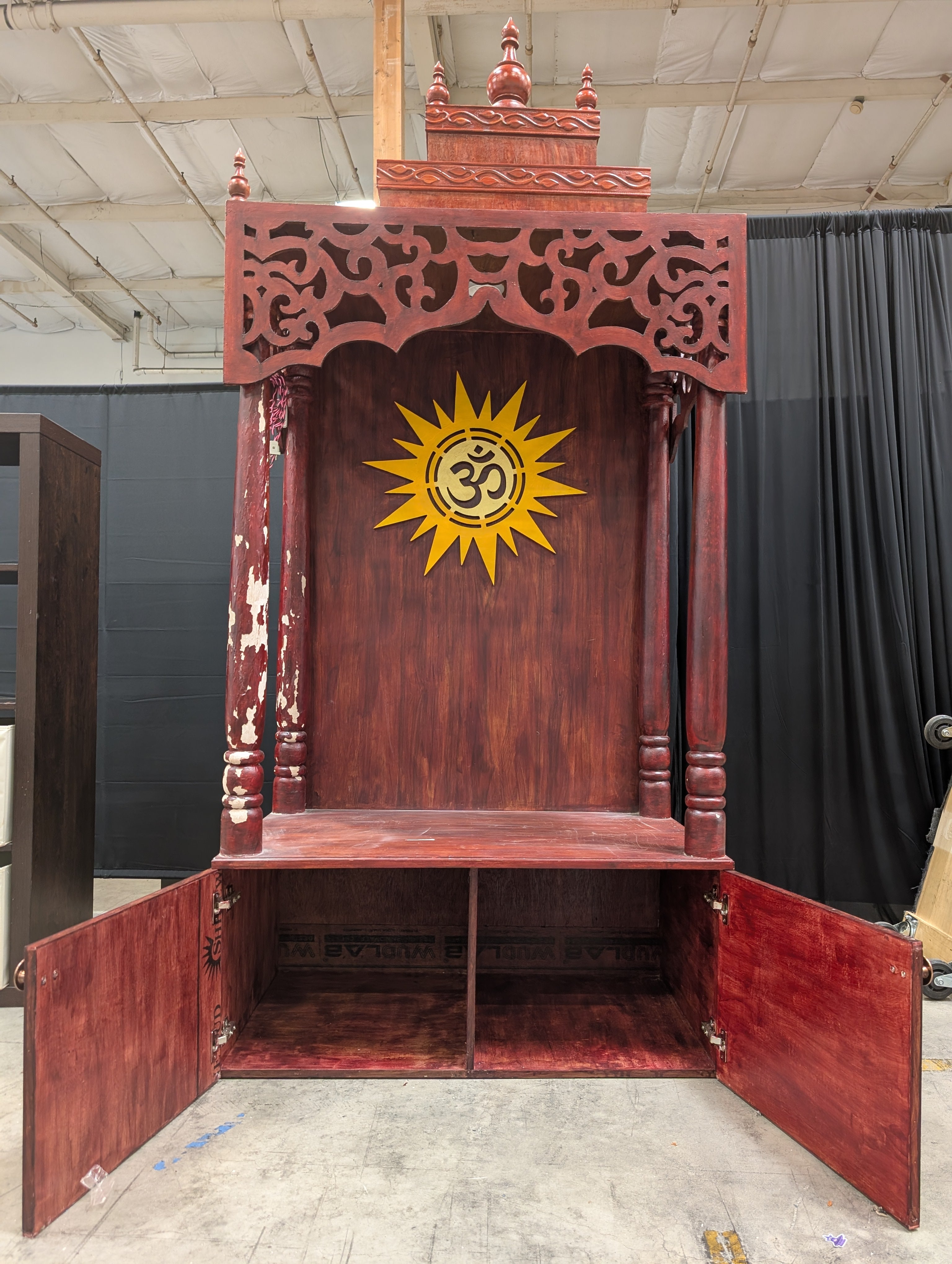 Carved Wooden Red Pooja Mandir with Cabinet