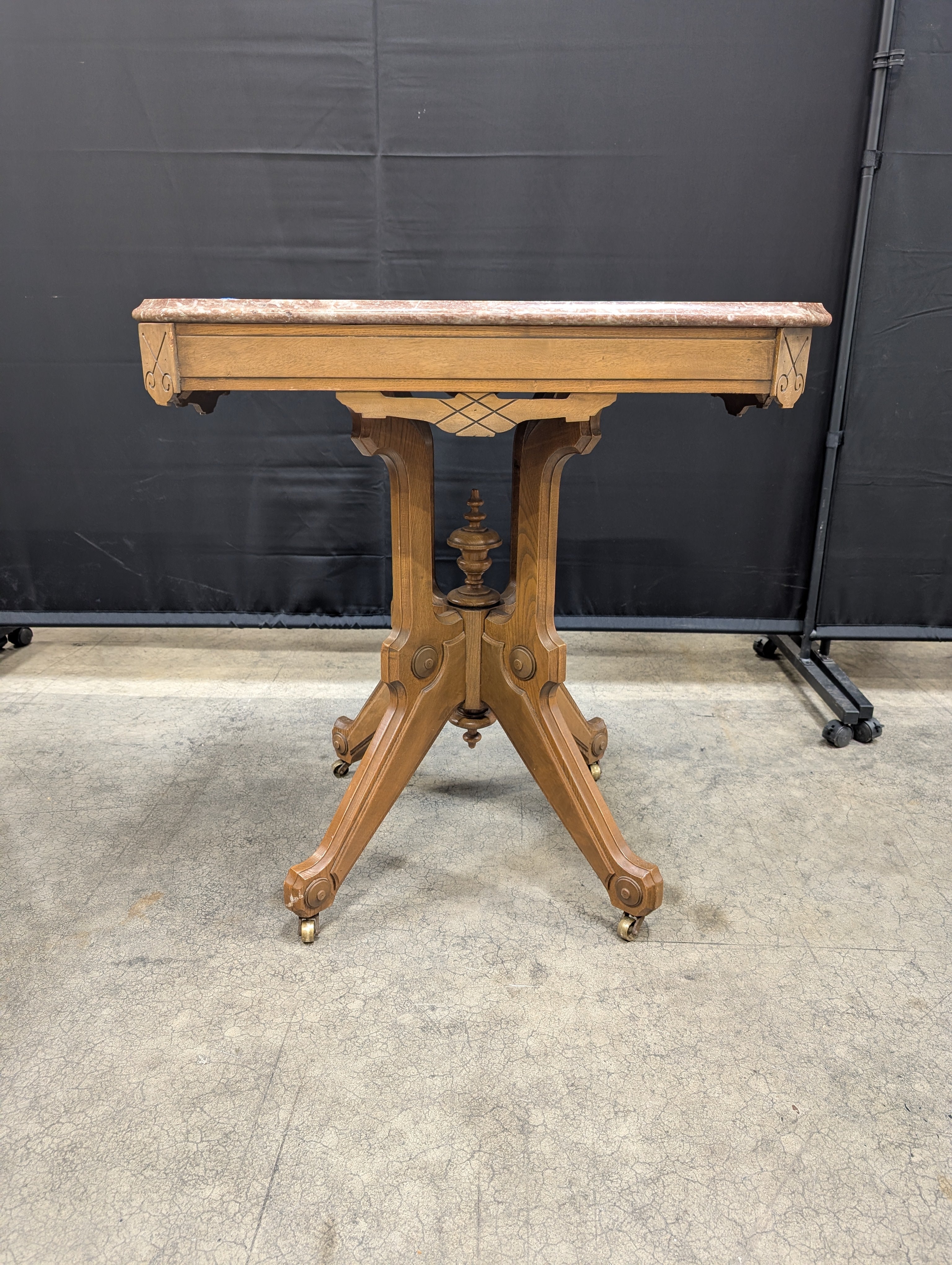 Vintage Hexagonal Marble Top Accent Table with Carved Wood Base