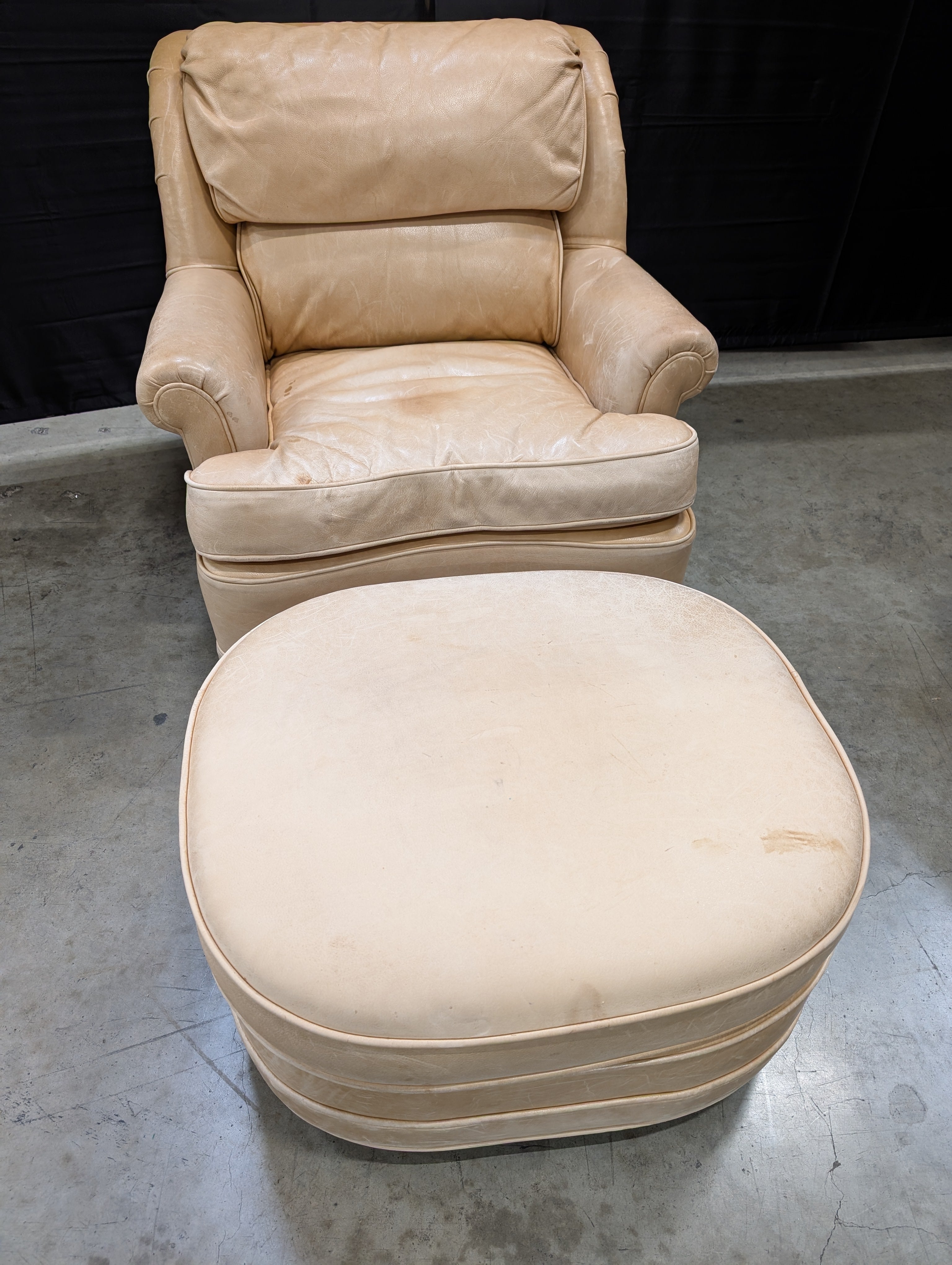 Tan Leather ETHAN ALLEN Armchair with Matching Ottoman