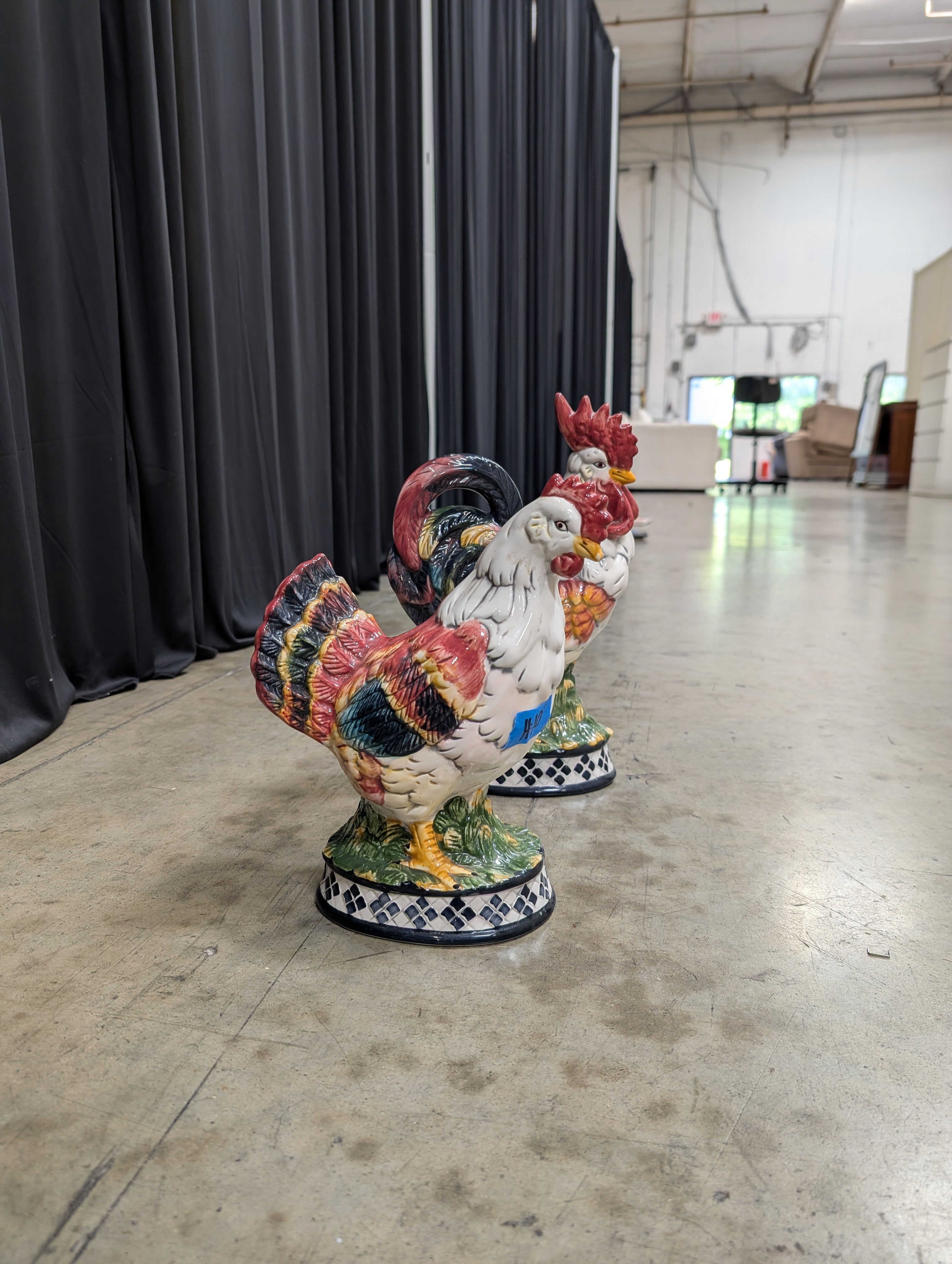 Colorful Ceramic Rooster and Hen Figurines with Checkered Base