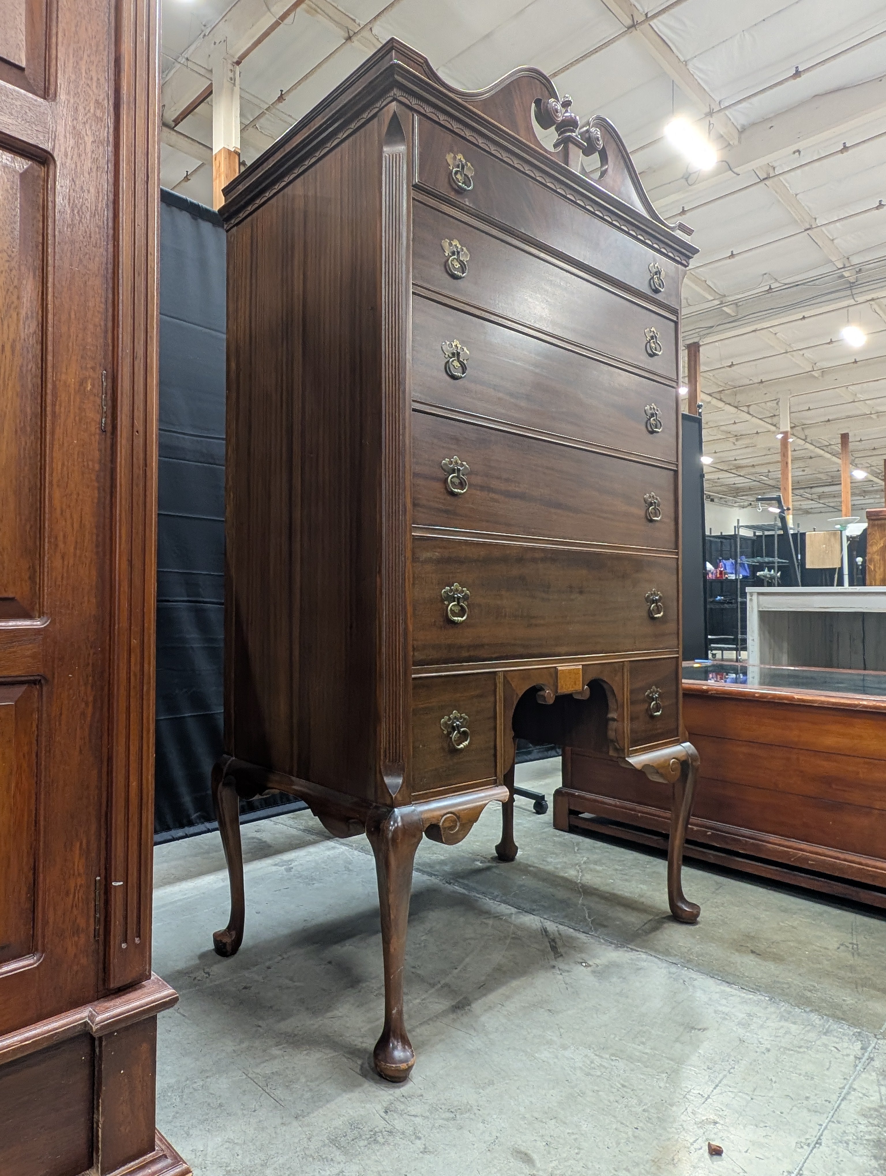 Dark Wood BERKEY&GAY Highboy Chest of Drawers with Ornate Brass Pulls