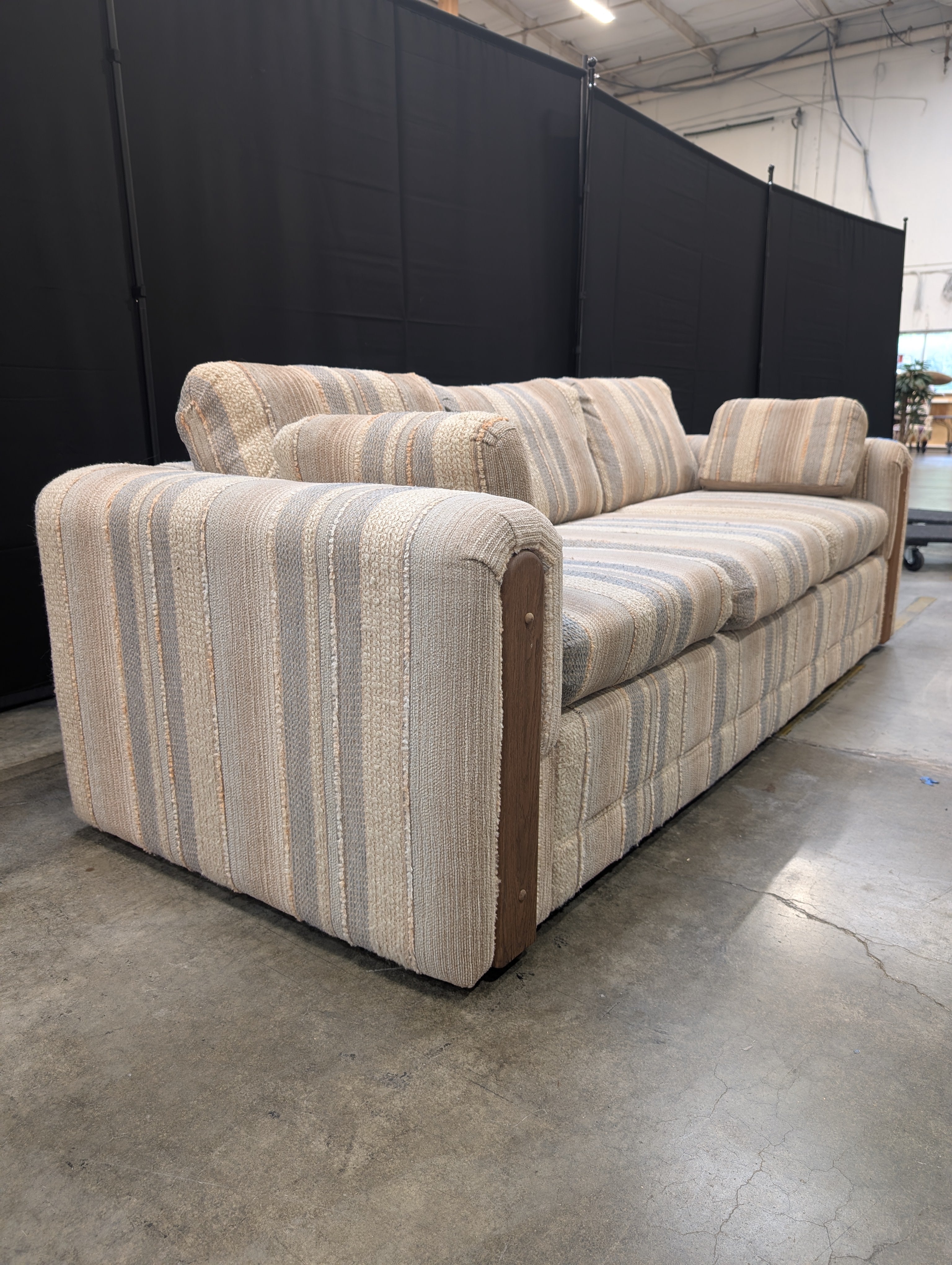 Striped Fabric Three-Seater Sofa with Wood Arm Accents