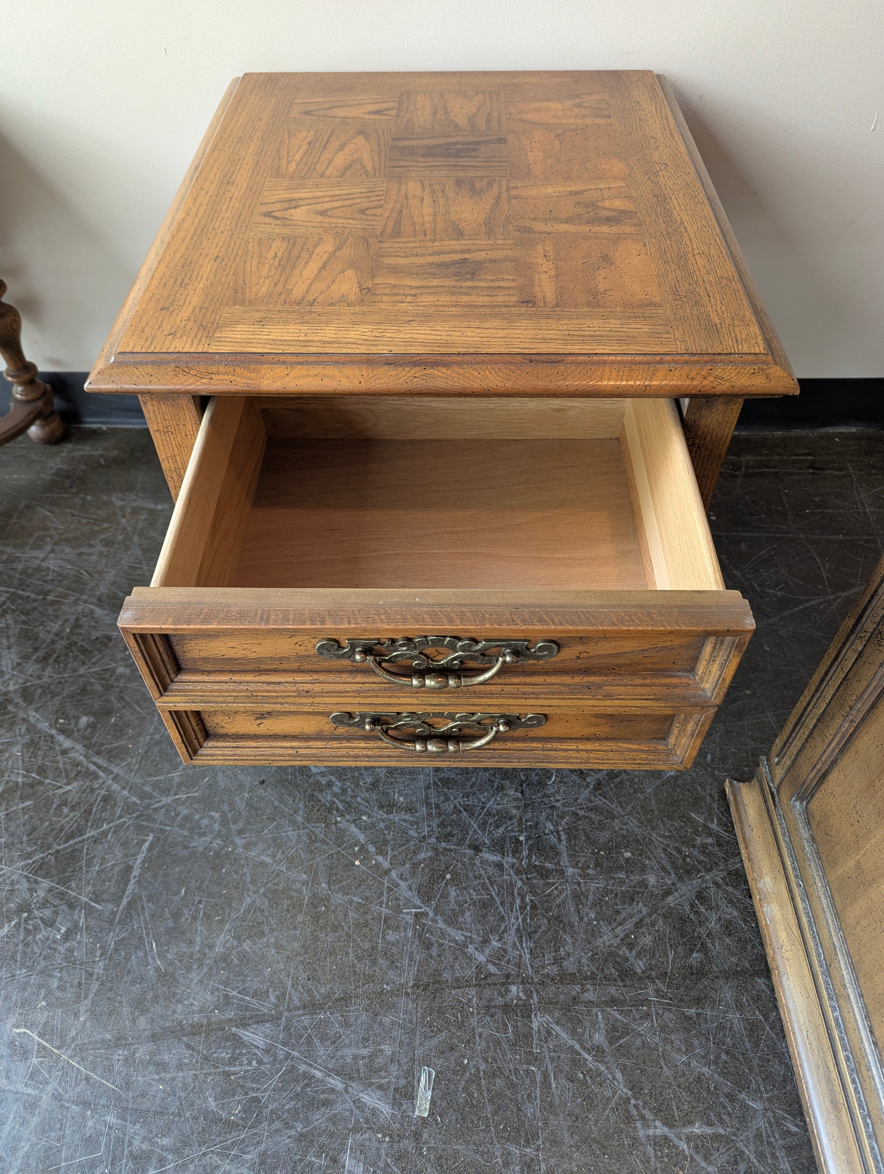 Vintage Carved Wood Two-Drawer Nightstand
