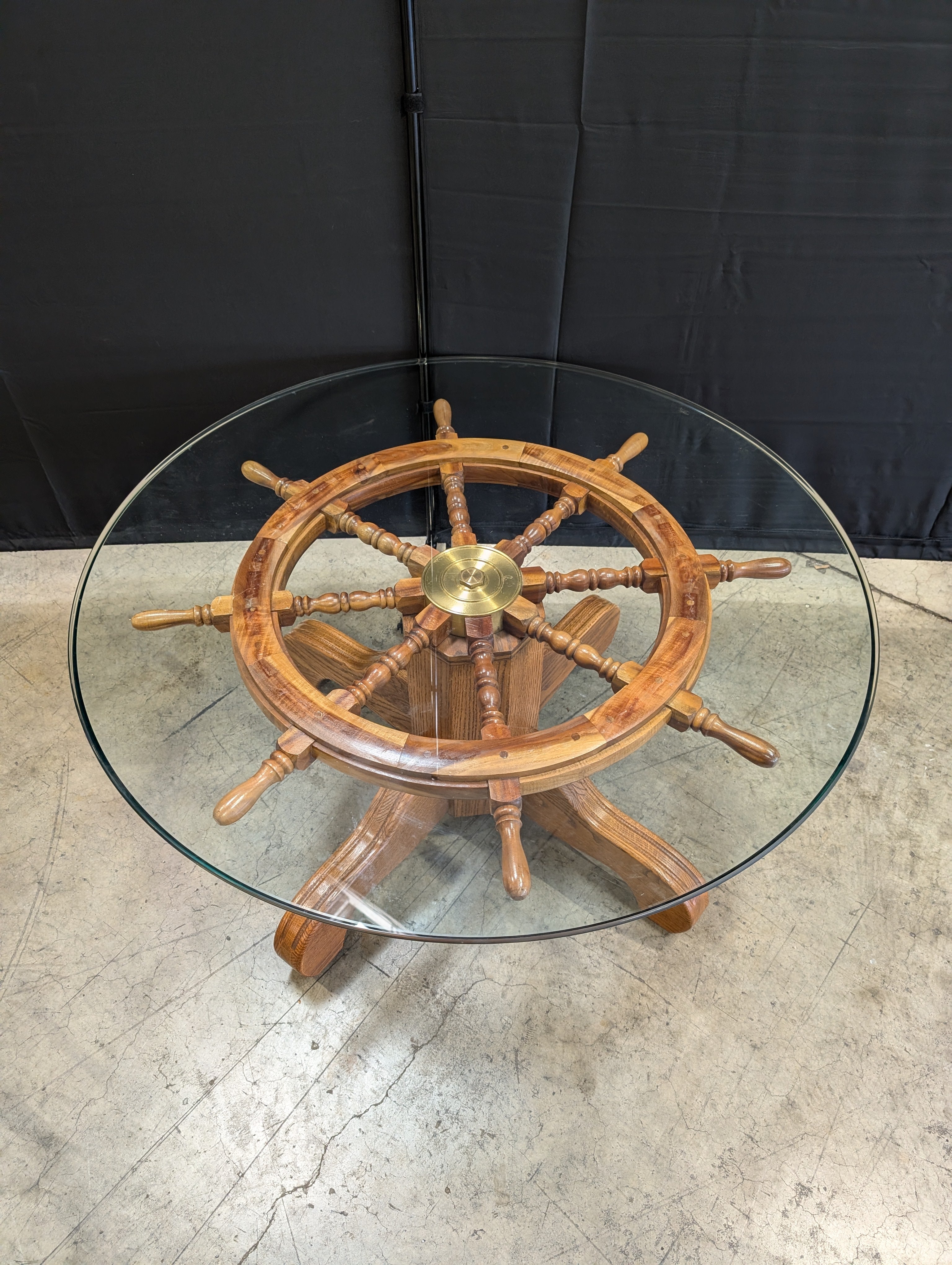 Nautical Ship's Wheel Wood and Glass Coffee Table