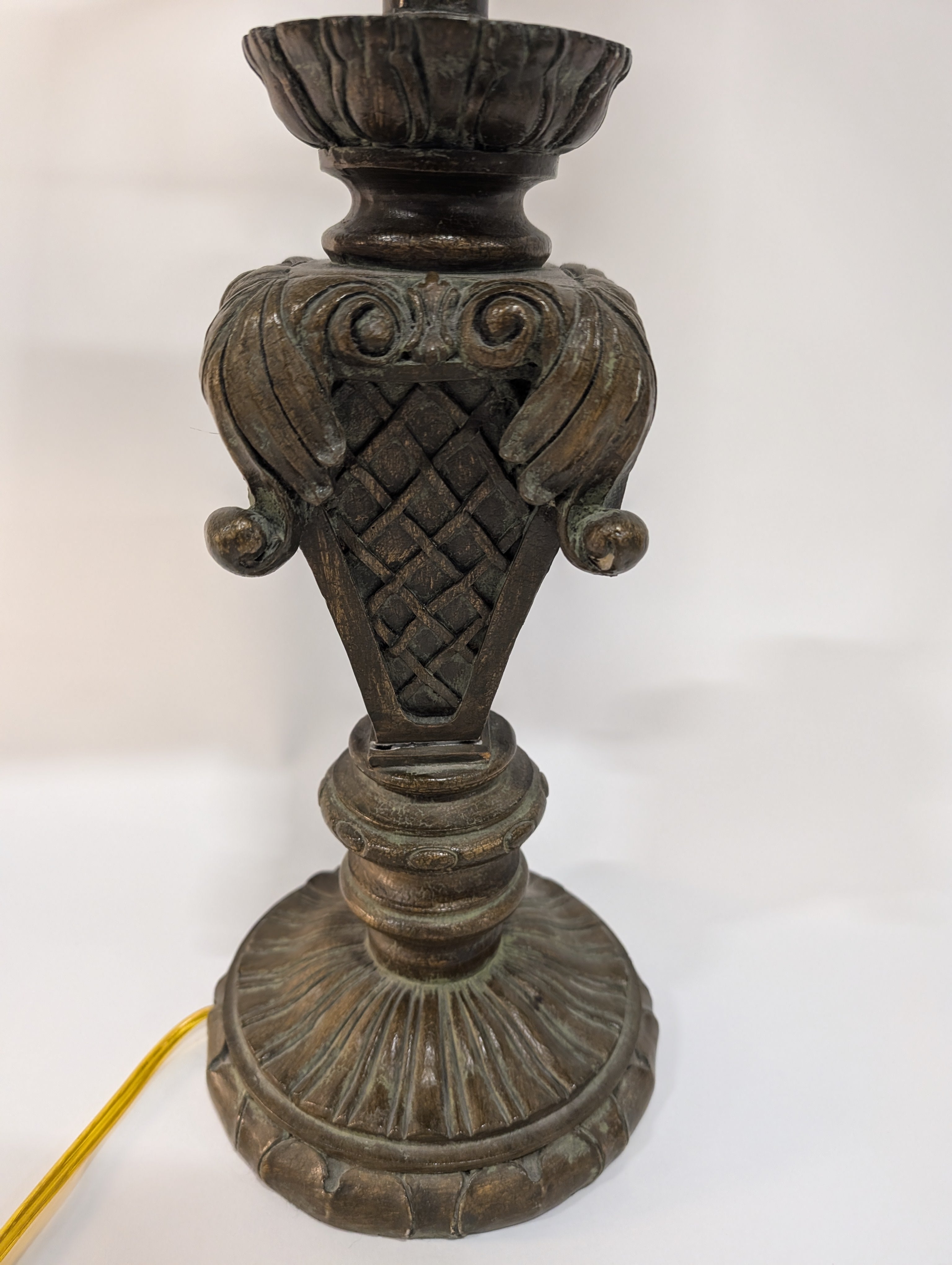 Ornate Metal Floor Lamp with Tapered Fabric Shade