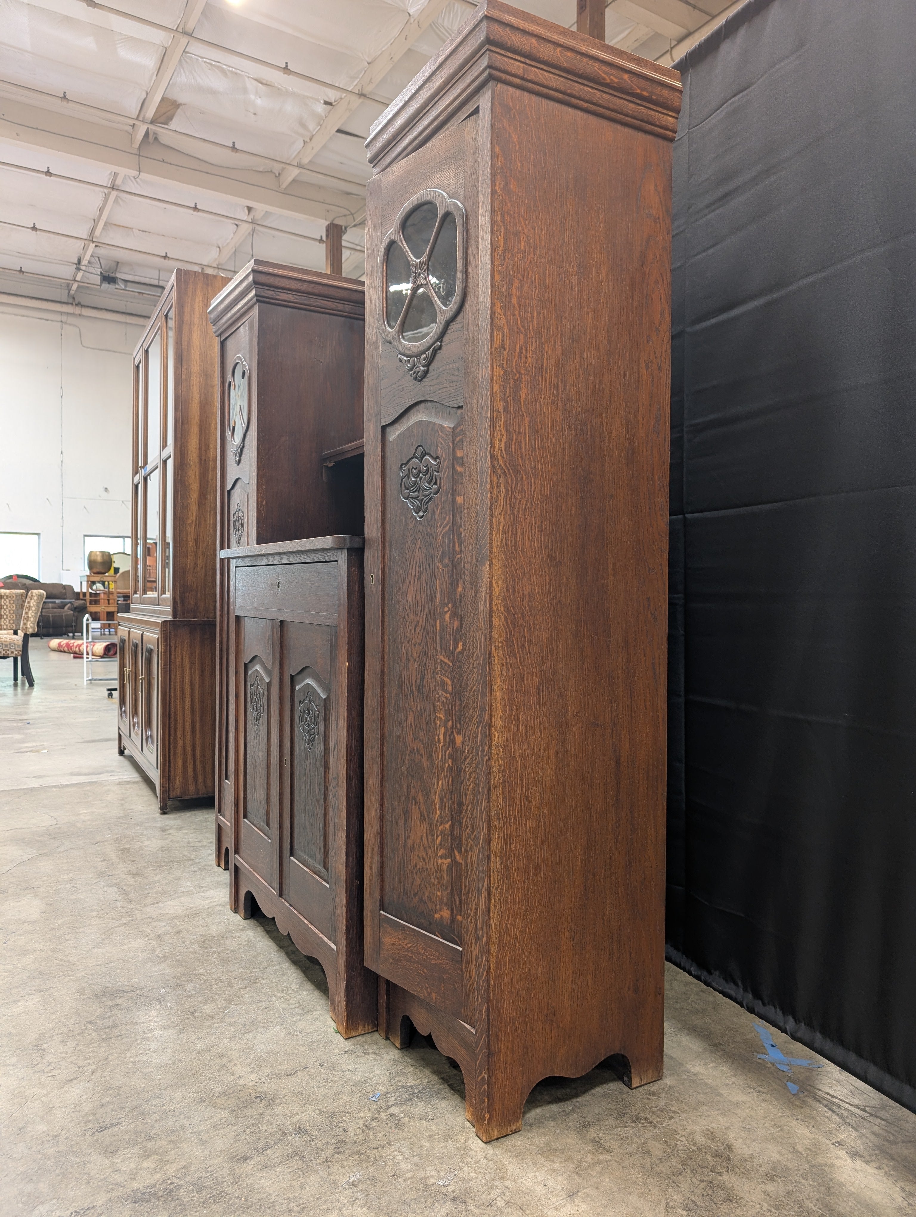 Carved Dark Wood China Cabinet with Mirror